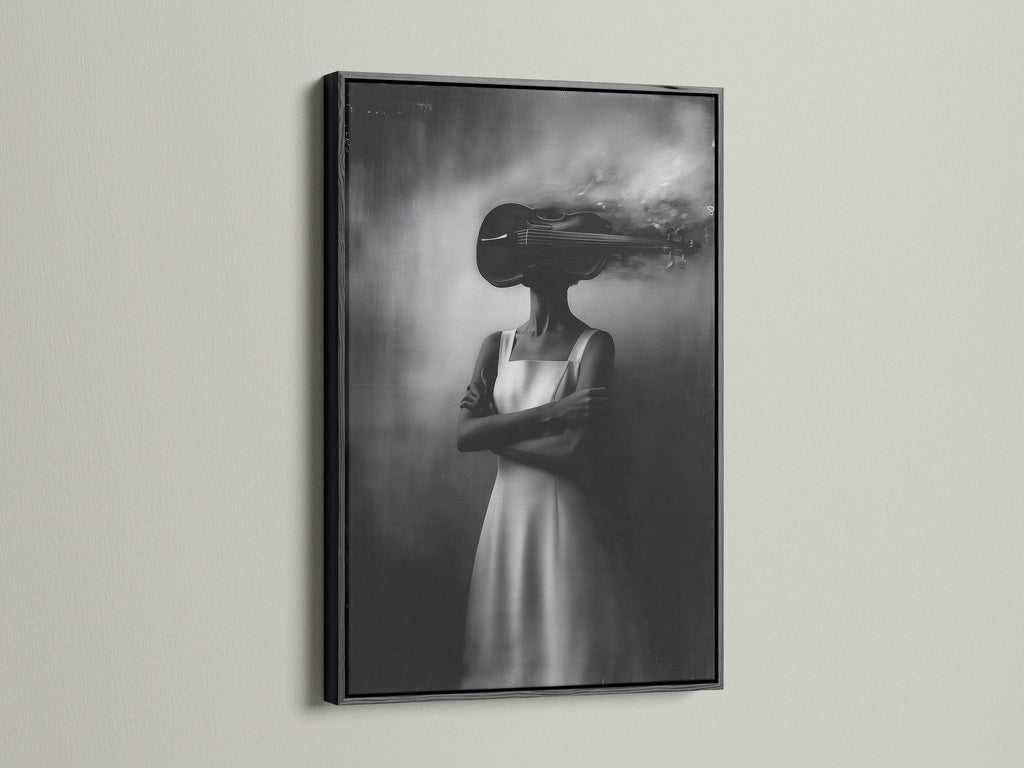 See the surreal woman canvas print in a black frame. The double exposure art creates a unique piece. This black and white wall art adds a modern touch. Ideal for music lovers and bedroom wall art