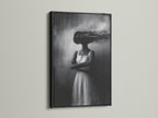 See the surreal woman canvas print in a black frame. The double exposure art creates a unique piece. This black and white wall art adds a modern touch. Ideal for music lovers and bedroom wall art