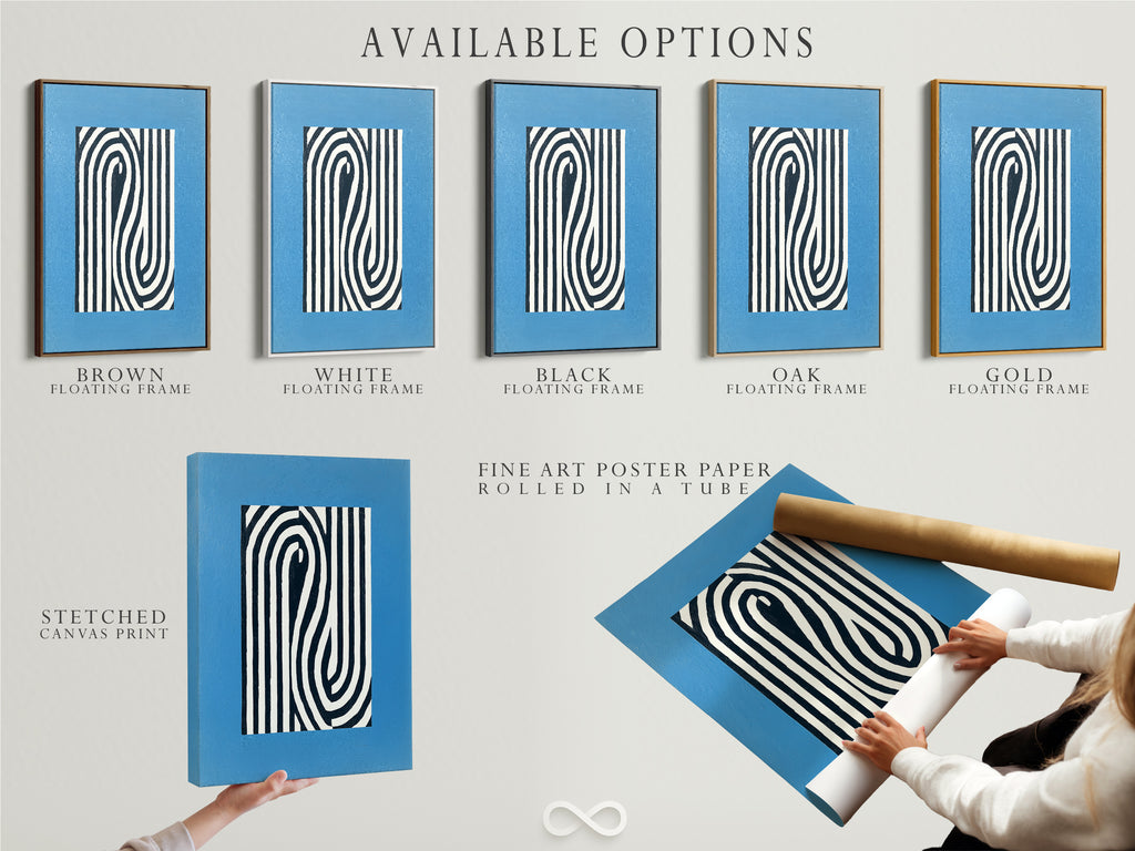 Explore available options for your artwork. Choose from stretched canvas prints fine art poster paper or floating frames. Customize your abstract line art. Discover the perfect presentation for your blue modern wall art. Start creating today.