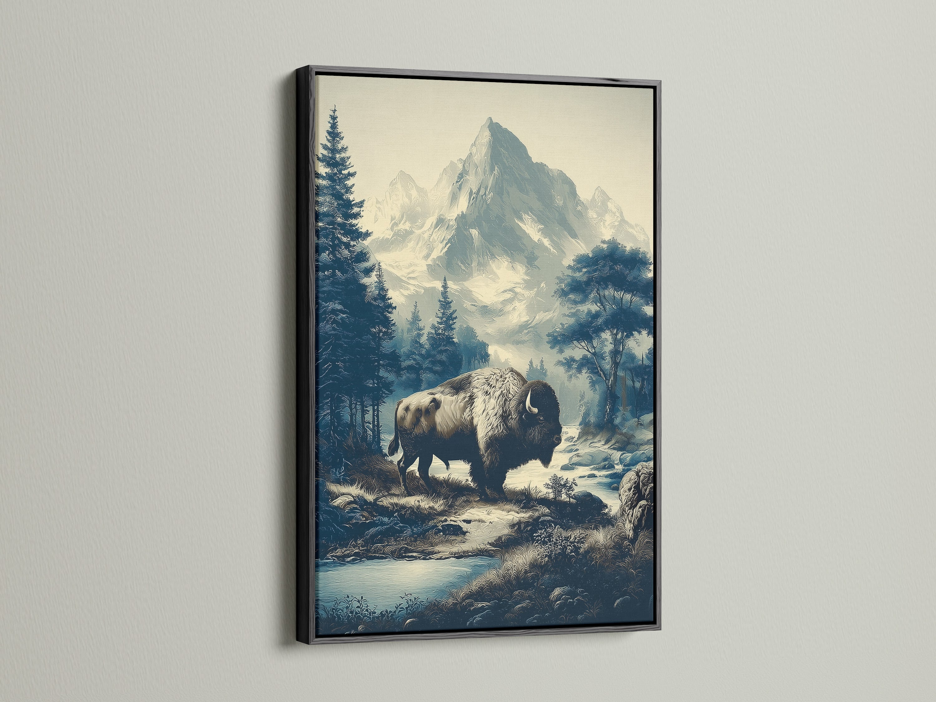 Buffalo Mountain Art with black frame. The nature canvas print adds to rustic wall art. This western home decor is ideal for any room. The black frame makes the mountain artwork pop. It is a striking addition to cabin wall art.