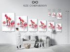 Size comparison chart displayed in an interior setting. See how the geometric fitness artwork fits in your space. The red abstract gym poster enhances any home gym or fitness studio.