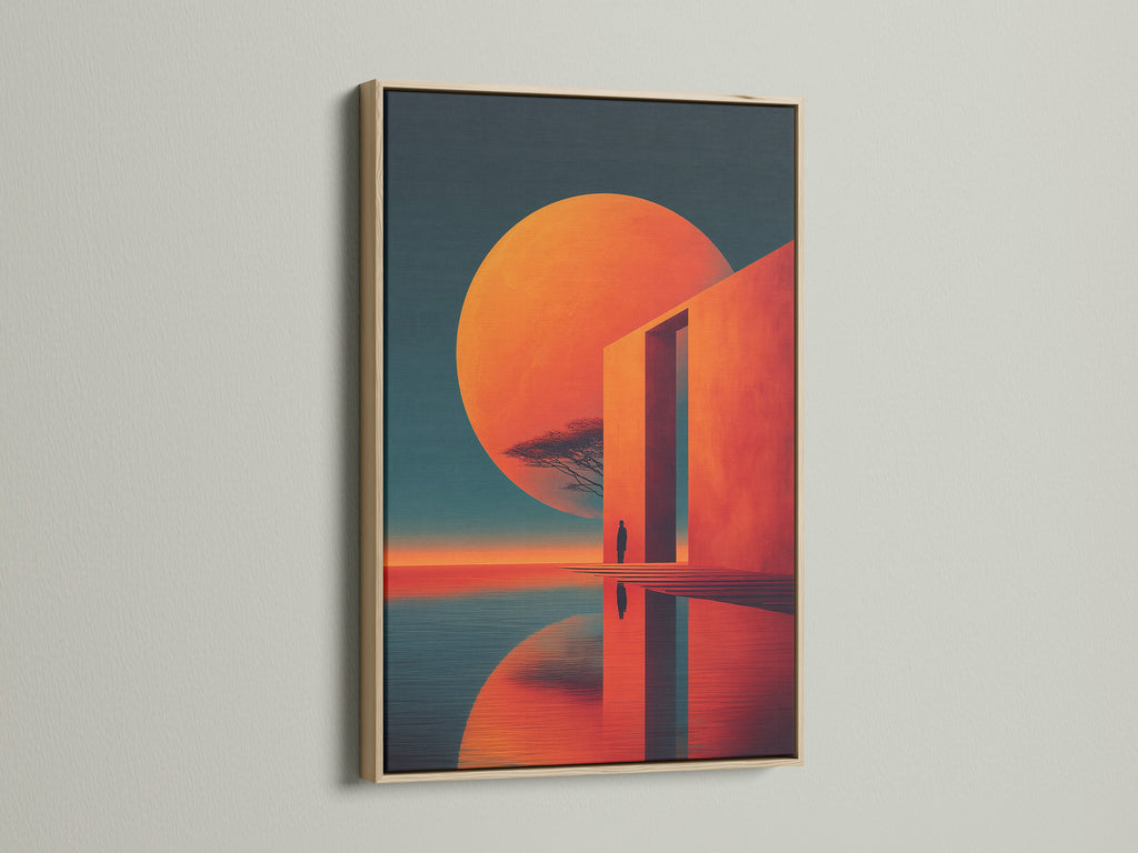 The abstract sunset art is showcased in an oak frame. The warm tones of the frame enhance the artwork's modern aesthetic. This geometric canvas print adds sophistication to any room. The coral and orange colors create a serene ambiance. Ideal for homeowners seeking refined art. Elevate your interior with this contemporary piece.