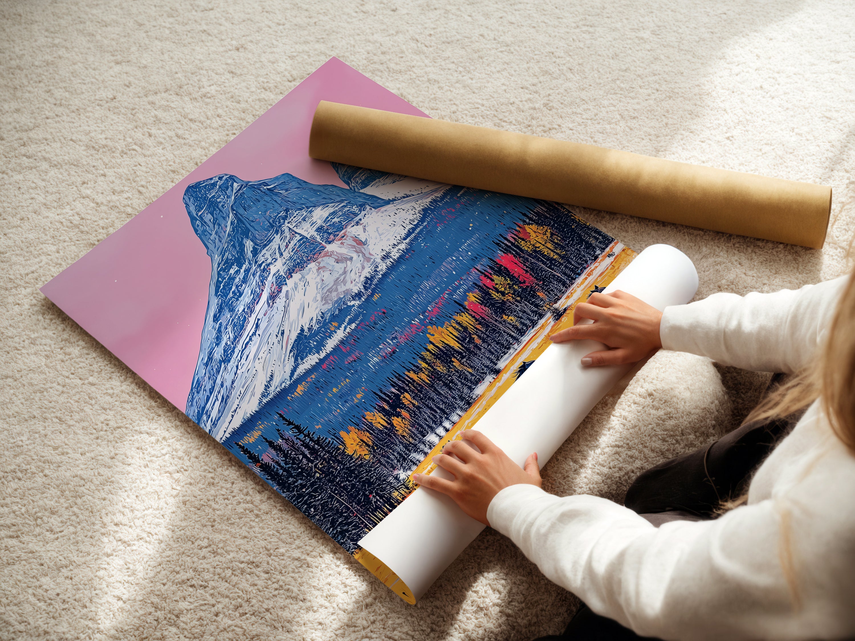 A woman is carefully rolling a fine art poster paper. The mountain horse artwork is printed on high-quality paper. Ensure your rustic art print arrives in perfect condition. This fine art poster is ideal for framing. Discover the beauty of this landscape canvas.