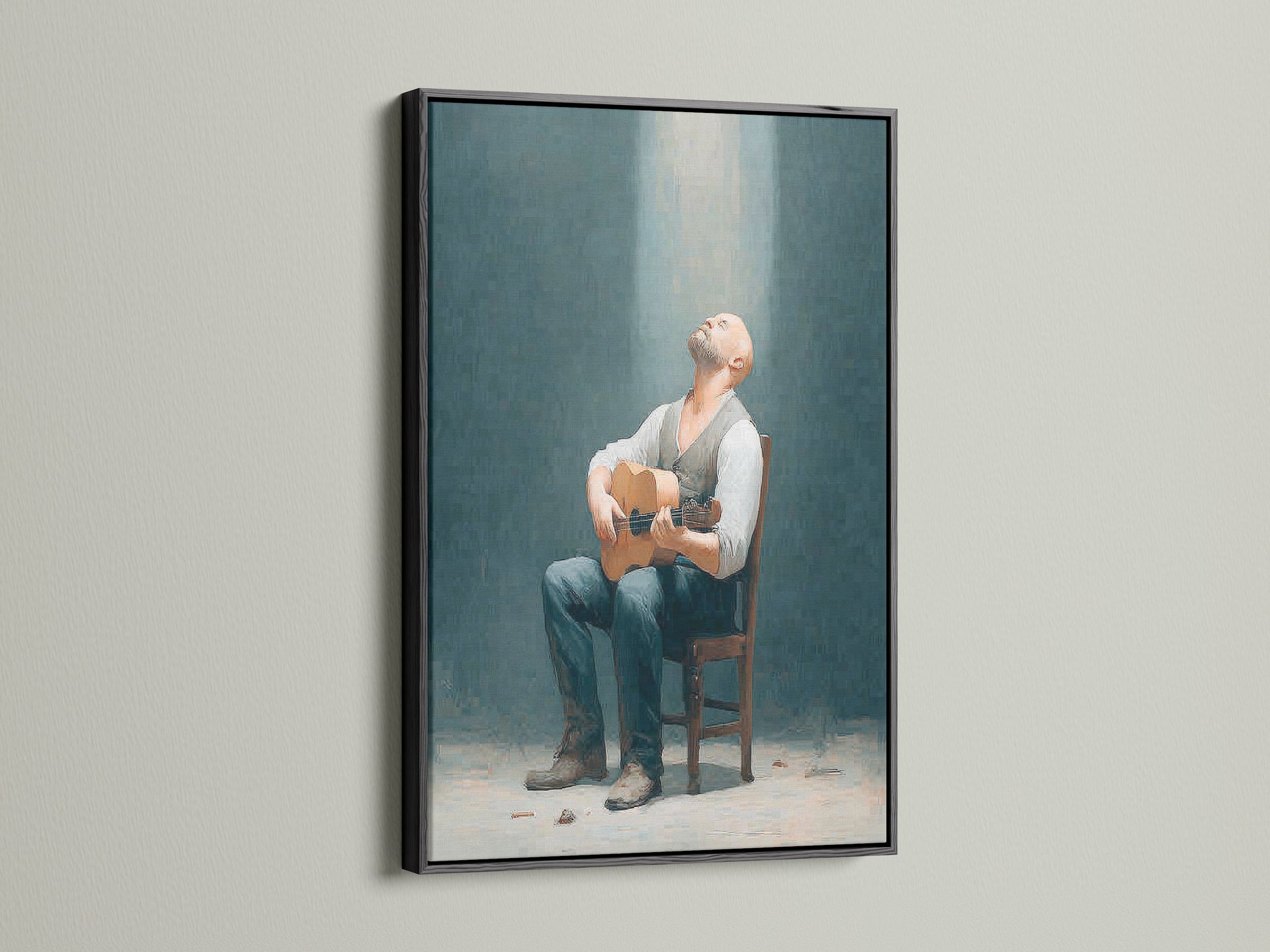 Rustic man with guitar art in a black frame. It enhances any space with vintage wall art. This man with guitar artwork is ideal for music enthusiasts. Elevate your decor today