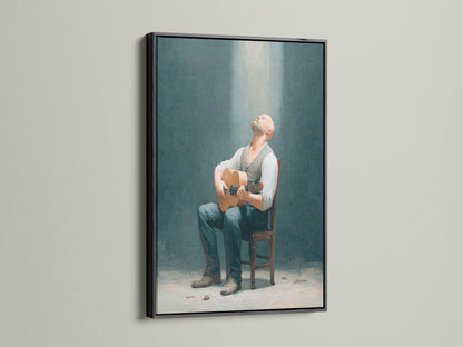 Rustic man with guitar art in a black frame. It enhances any space with vintage wall art. This man with guitar artwork is ideal for music enthusiasts. Elevate your decor today