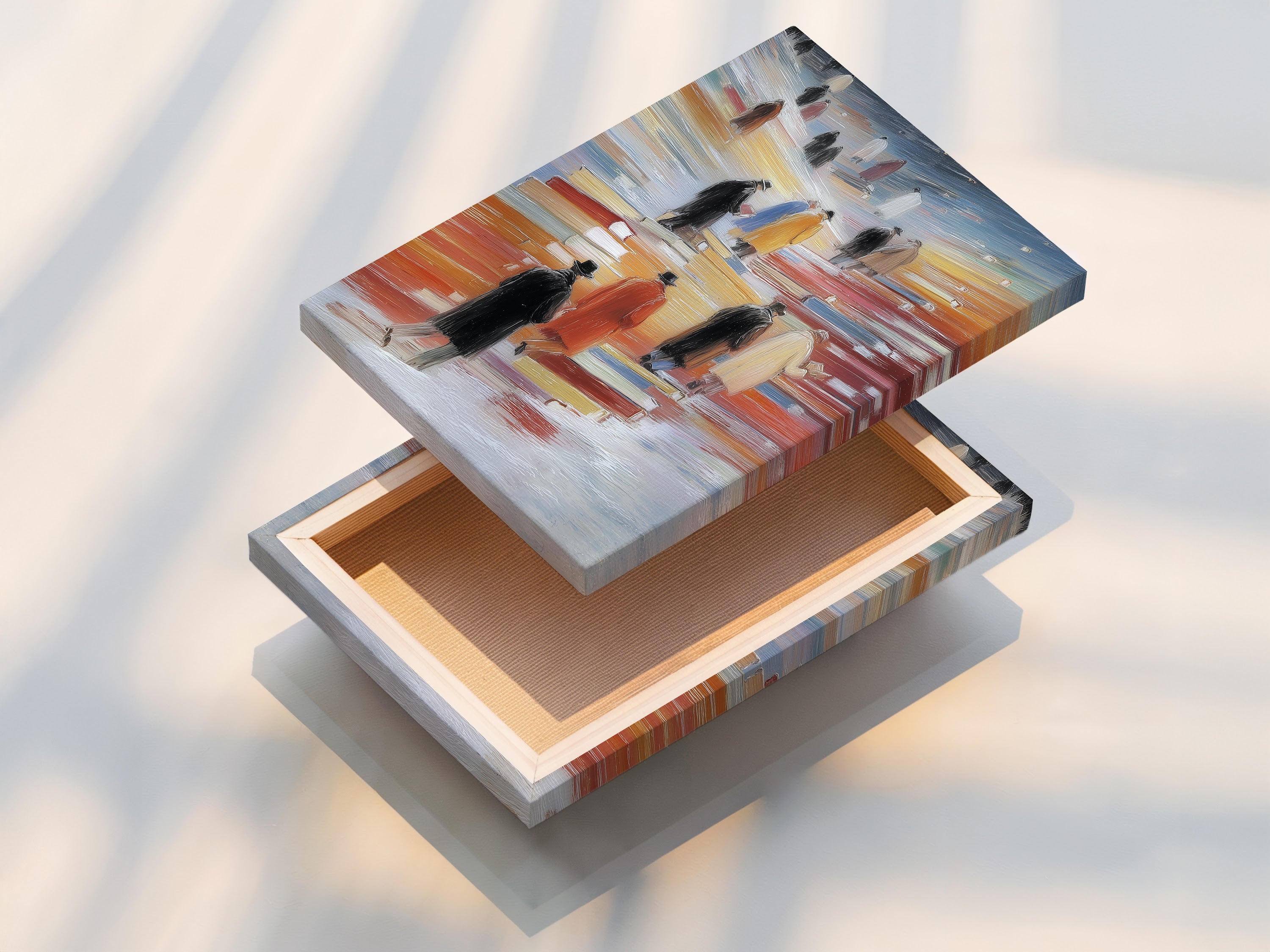 A beautifully stretched canvas print of the Figures on Books artwork. The vivid colors and abstract people design make a statement. Perfect for modern wall art library wall decor and study room art. Ready to hang and enjoy in any space.