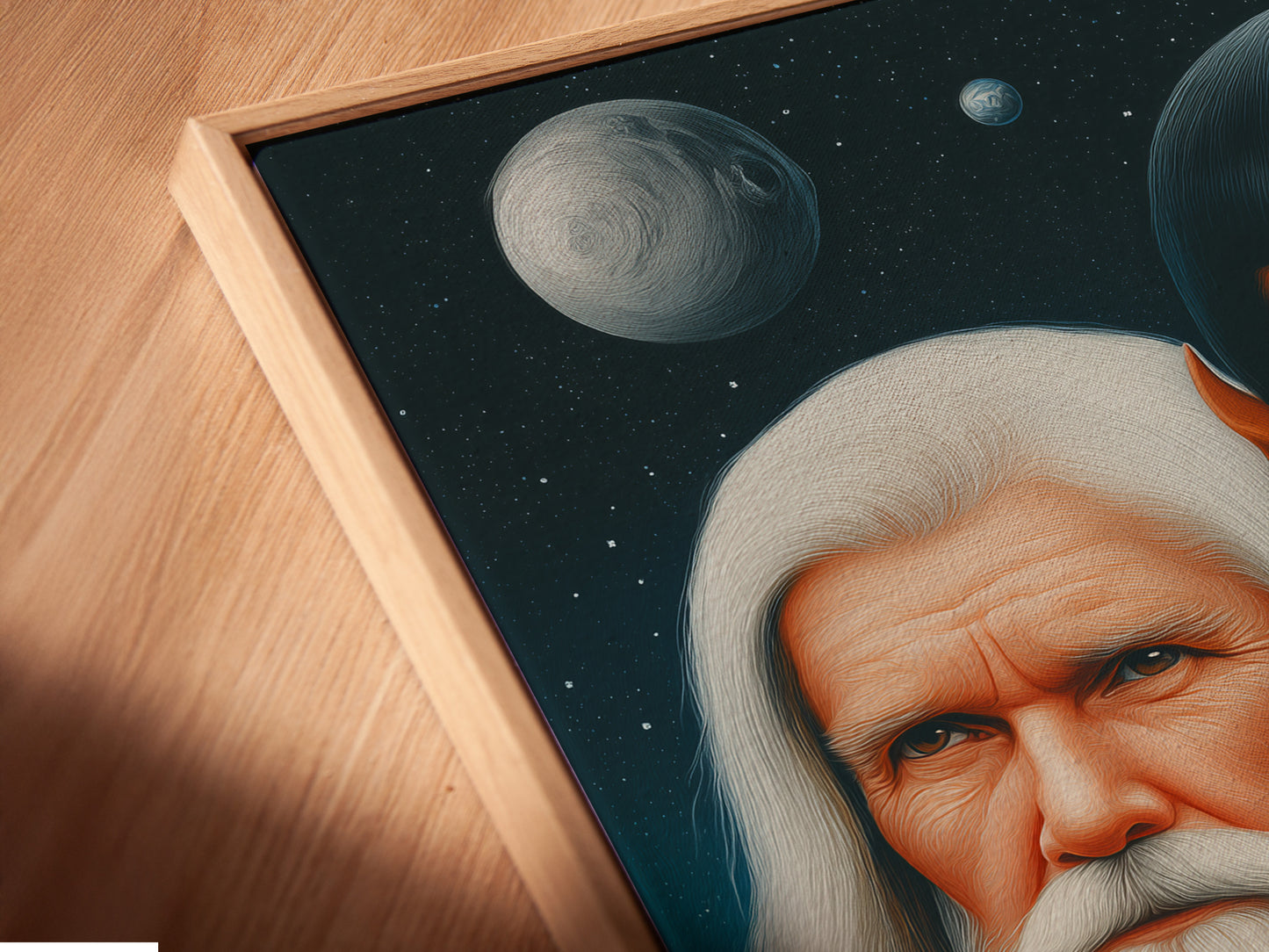 A close-up angled view shows a canvas print in a floating frame. It’s a Star Trek Spock Vulcan art piece. This sci-fi wall art enhances home cinema decor. The floating frame adds a modern touch. The Trekkie gift is perfect for geek wall decor. Elevate your space with this unique piece.