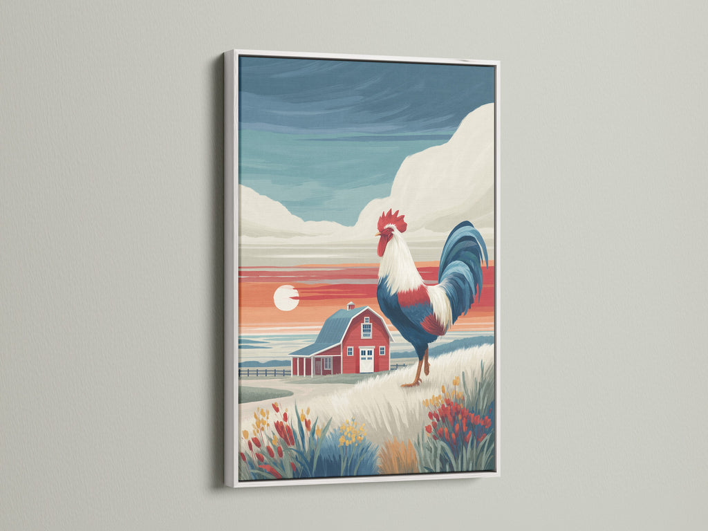 Rooster canvas print in a white frame. This farmhouse wall art is ideal for country kitchens. The red barn landscape brightens any dining room. A white frame offers a clean look to this country artwork. It enhances any space.