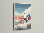Rooster canvas print in a white frame. This farmhouse wall art is ideal for country kitchens. The red barn landscape brightens any dining room. A white frame offers a clean look to this country artwork. It enhances any space.