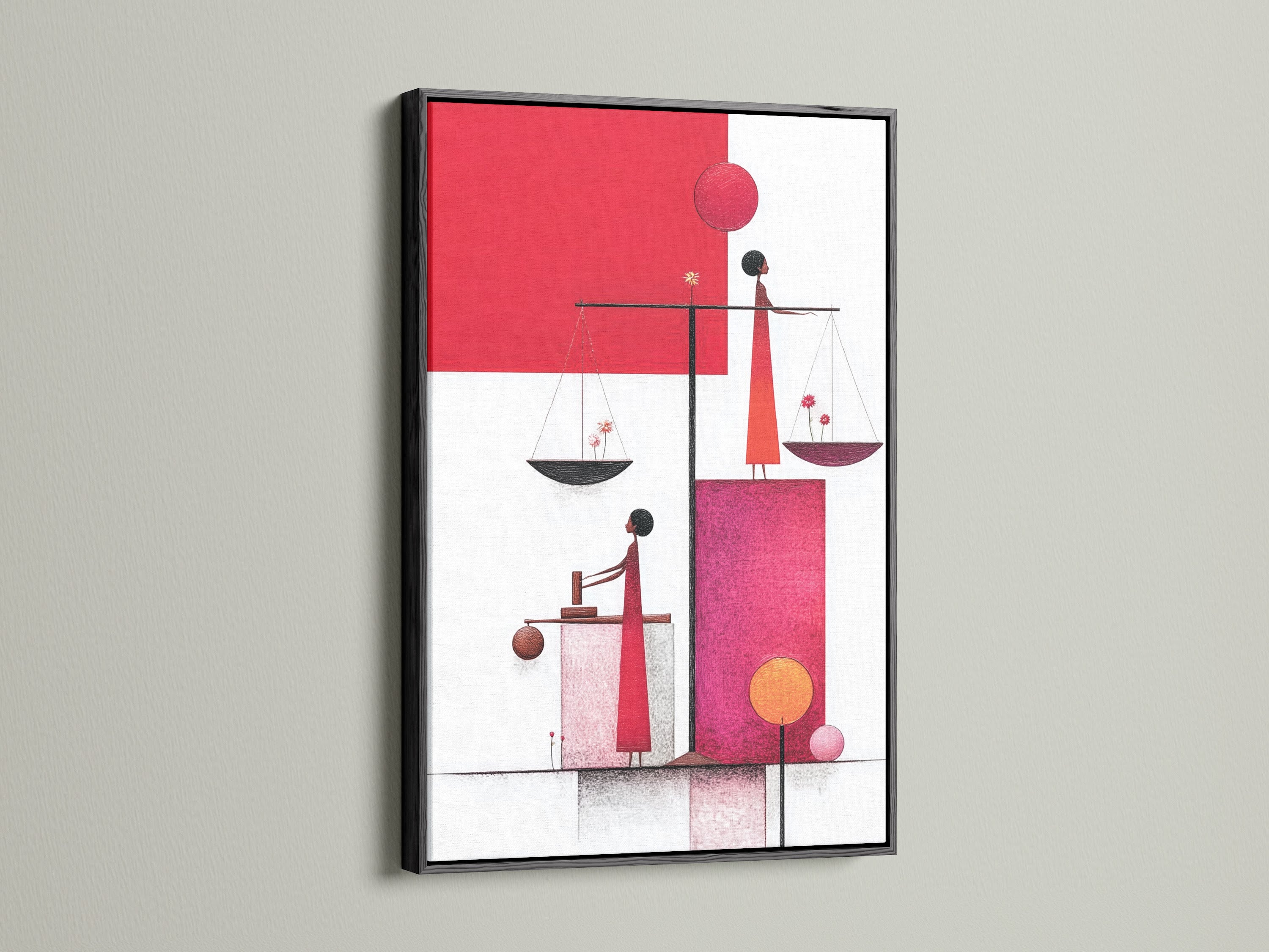 The Justice Scales canvas print in a black frame. This striking piece adds a touch of elegance to any wall. The artwork features abstract figures and scales. It makes a thoughtful lawyer gift