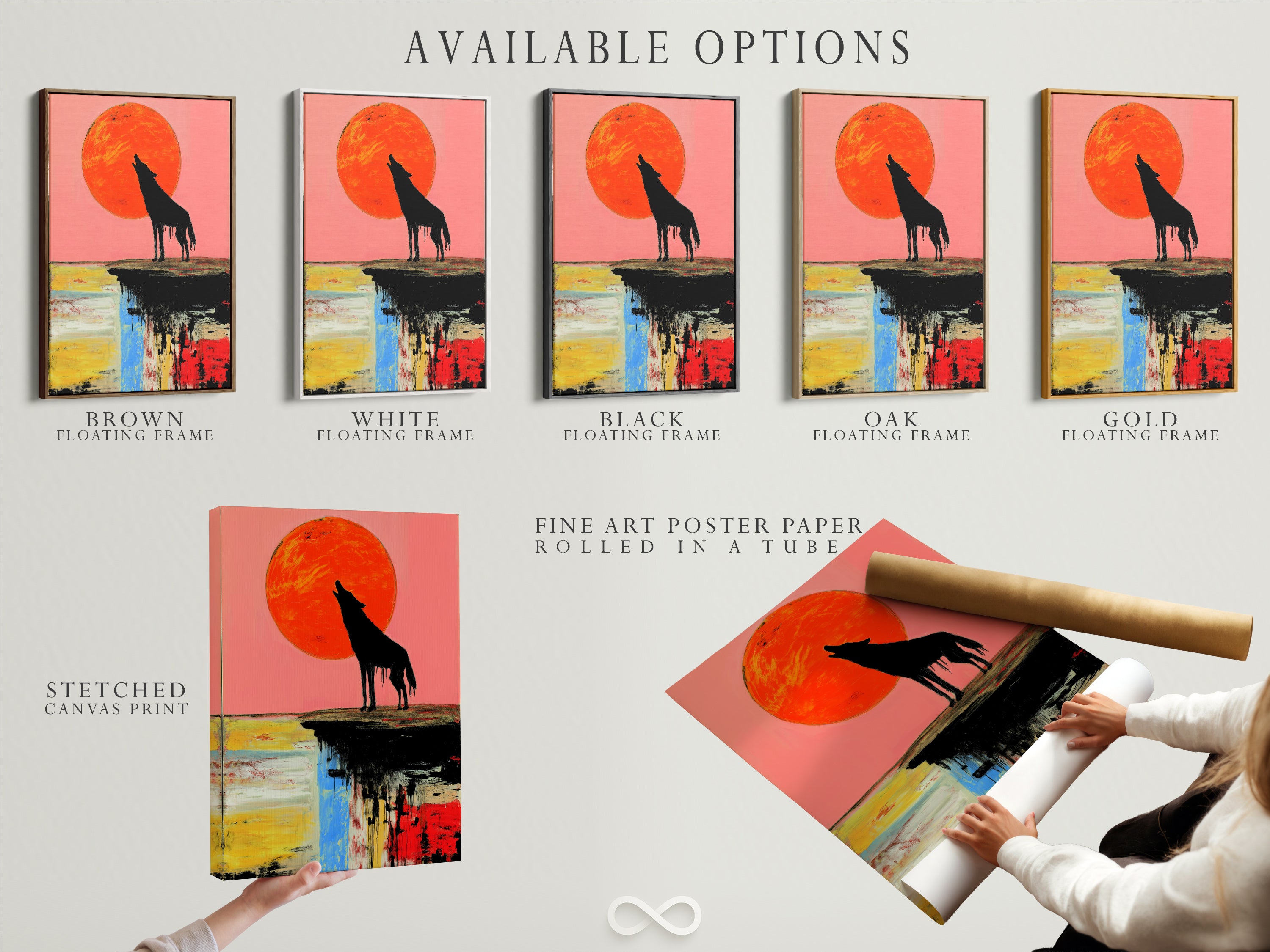Explore available options for the Wolf Moon Canvas Art. Choose from stretched canvas print fine art poster paper or a floating frame. This abstract wildlife artwork features a colorful sunset. Customize your art to match your style. Perfect for adding a vibrant touch to your wall decor.