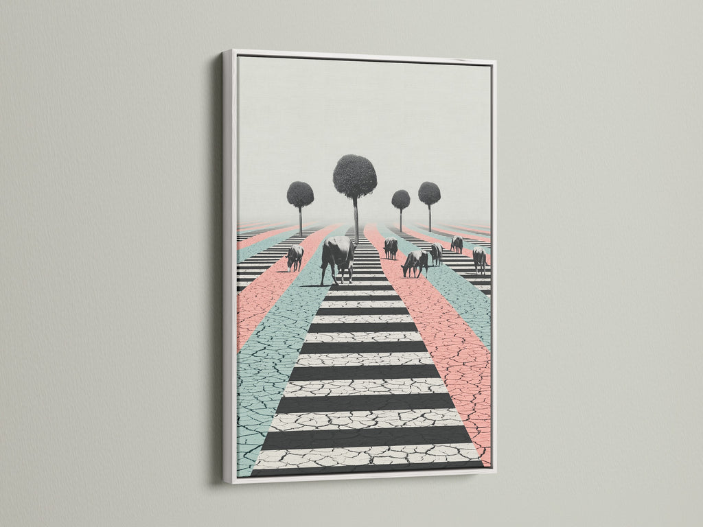 A white frame holds a captivating cow artwork print.  The surreal farm animal art includes pastel pink and green. Perfect for adding a modern touch. Frame options available for your unique home artwork.