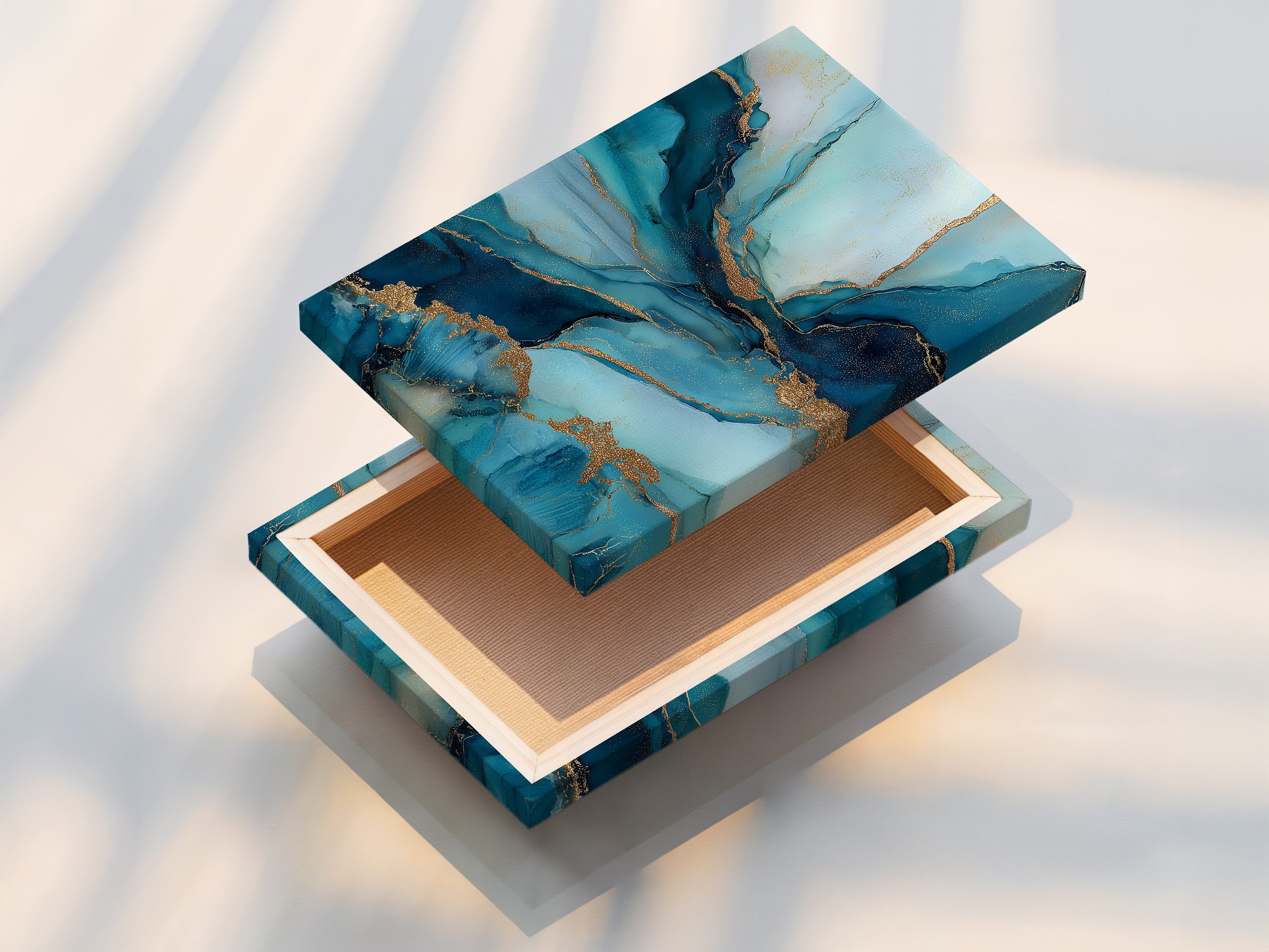 A stretched canvas print displays an abstract blue and gold artwork. The canvas is tightly stretched for a professional look. This modern wall decor is ready to hang and enjoy. Perfect for adding a touch of elegance to any room. The stretched canvas enhances the artwork's texture and depth.