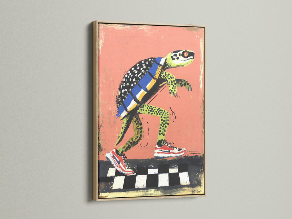Framed turtle skateboard art print on a wall. The artwork is showcased in an oak frame. This cool animal print adds a touch of retro style to your decor. Ideal for adding a playful vibe to any space. It is perfect for teen rooms or recreational spaces.