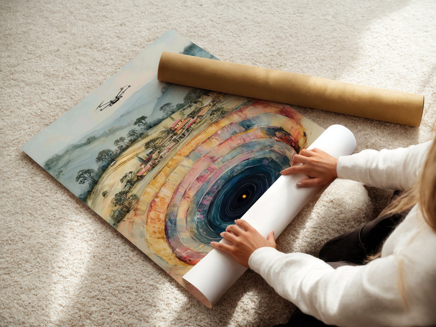 A woman is carefully rolling a fine art poster paper. The paper features a unique abstract artwork. This poster is perfect for modern home decor. The fine art paper enhances the artwork's colors. Ideal for contemporary spaces.