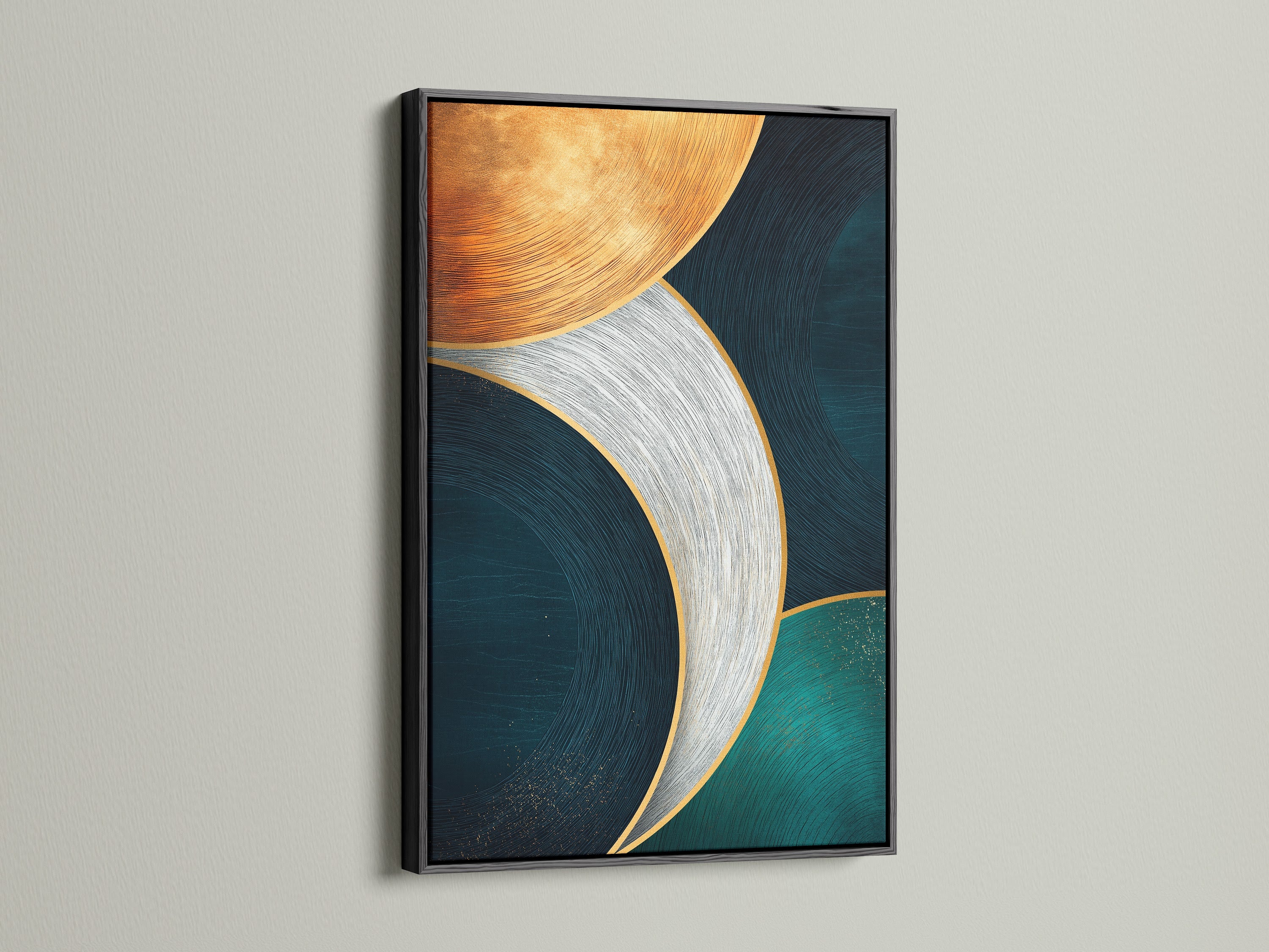 The black frame highlights a striking abstract geometric art piece. The artwork features teal navy and gold curved lines. This contemporary artwork suits eclectic and modern interiors. Add depth and style to your office wall art with this framed canvas print. The black frame provides a bold contrast.