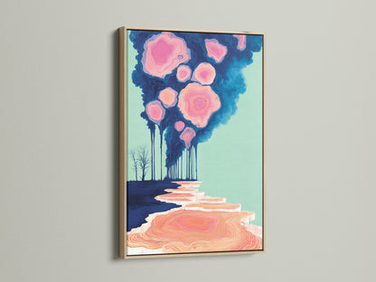 Experience the beauty of our surreal landscape canvas print with a pink cloud forest in an oak frame. This abstract nature poster enhances bedroom decor. The oak frame adds warmth to the dreamy artwork. Perfect for creating inviting spaces in apartments studios and creative workspaces. Transform your living room with this elegant wall art.