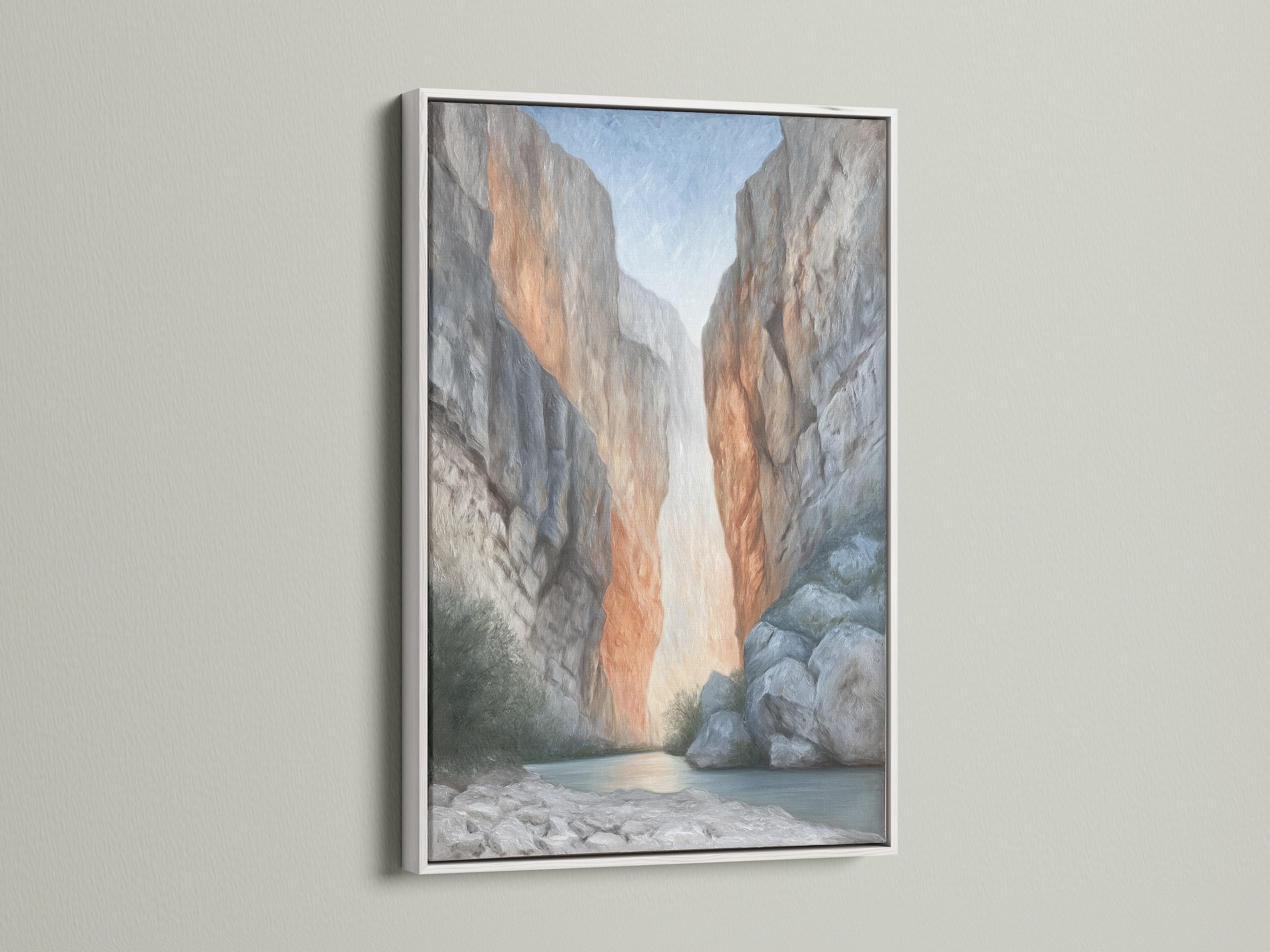 Enhance your home with this canyon photography in a white frame. Its neutral tones blend seamlessly with coastal and eclectic styles. It's perfect bedroom wall decor. The stone canyon artwork adds a modern touch.