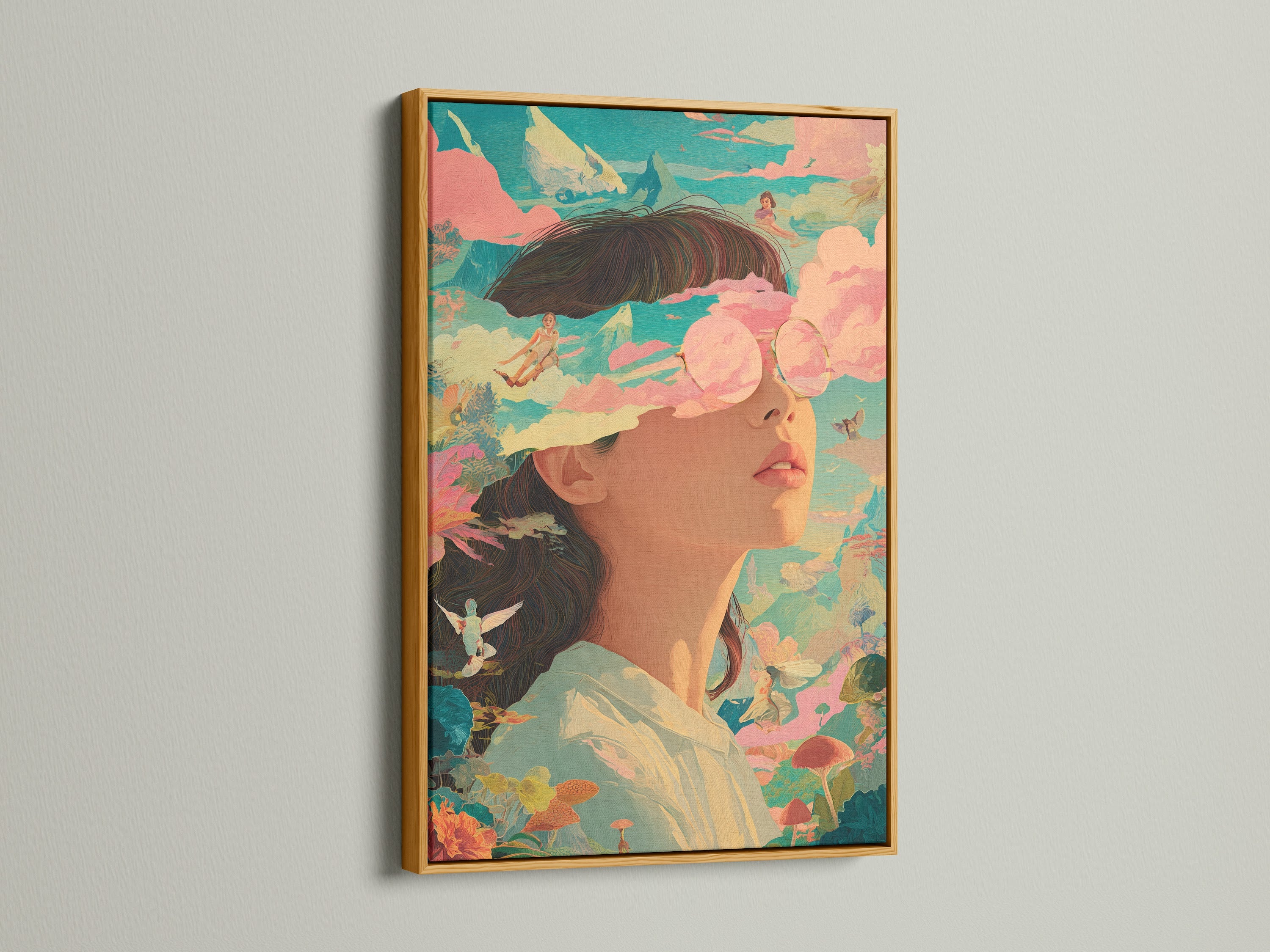 The artwork is elegantly displayed in a gold frame. The art portrays a woman with sunglasses and a background of clouds and nature. The gold frame adds a luxurious touch. Explore the impact of a gold frame on your artwork.
