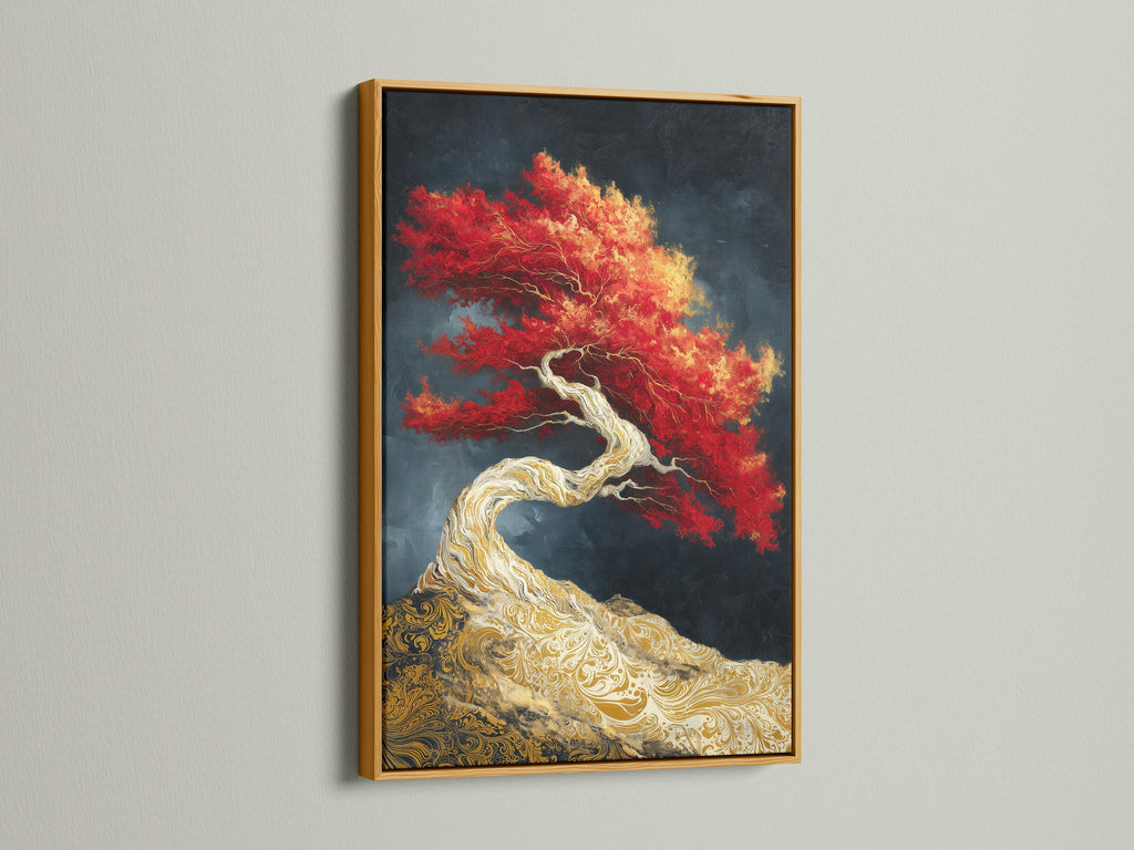Add a touch of luxury with this red maple canvas. The Japanese bonsai art is framed in a rich gold frame. Perfect for elevating your meditation room decor. Also great for adding elegance to office wall art. This zen wall decor exudes sophistication.