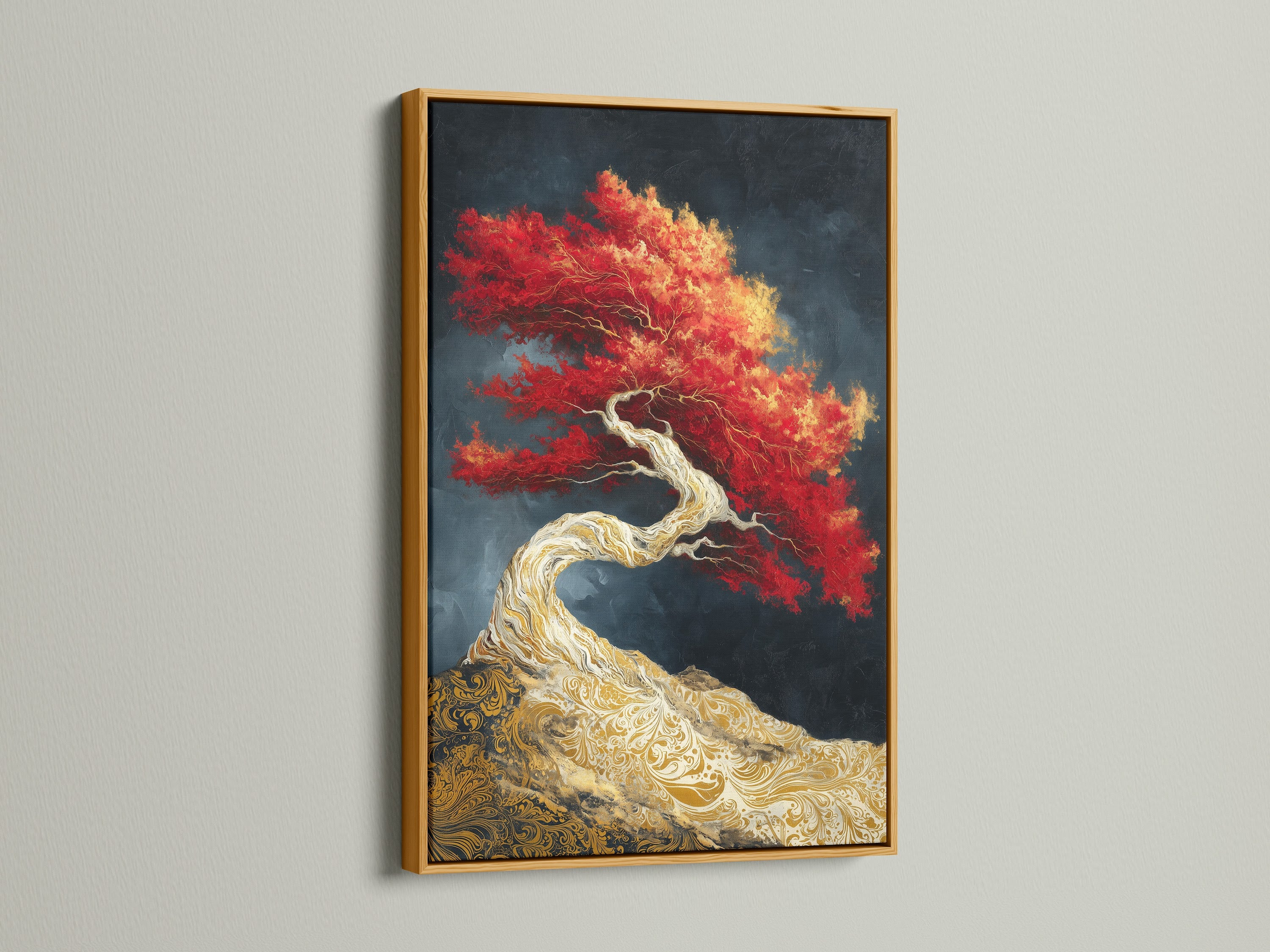 Add a touch of luxury with this red maple canvas. The Japanese bonsai art is framed in a rich gold frame. Perfect for elevating your meditation room decor. Also great for adding elegance to office wall art. This zen wall decor exudes sophistication.