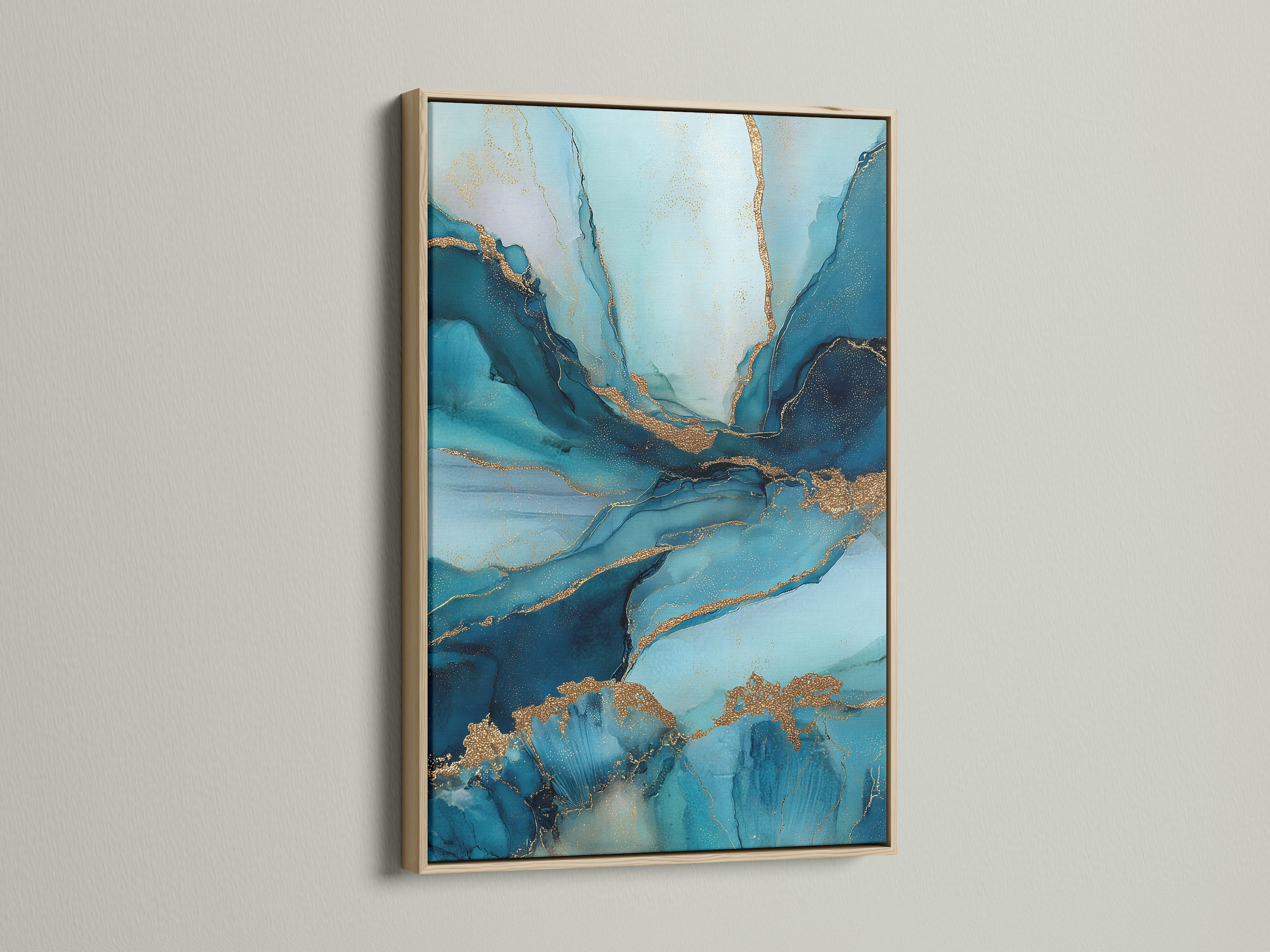 A close-up showcases an abstract blue and gold artwork. It is elegantly framed in a natural oak frame. The fluid teal marble art enhances minimalist interiors. Elevate your living room bedroom or office with this sophisticated piece.