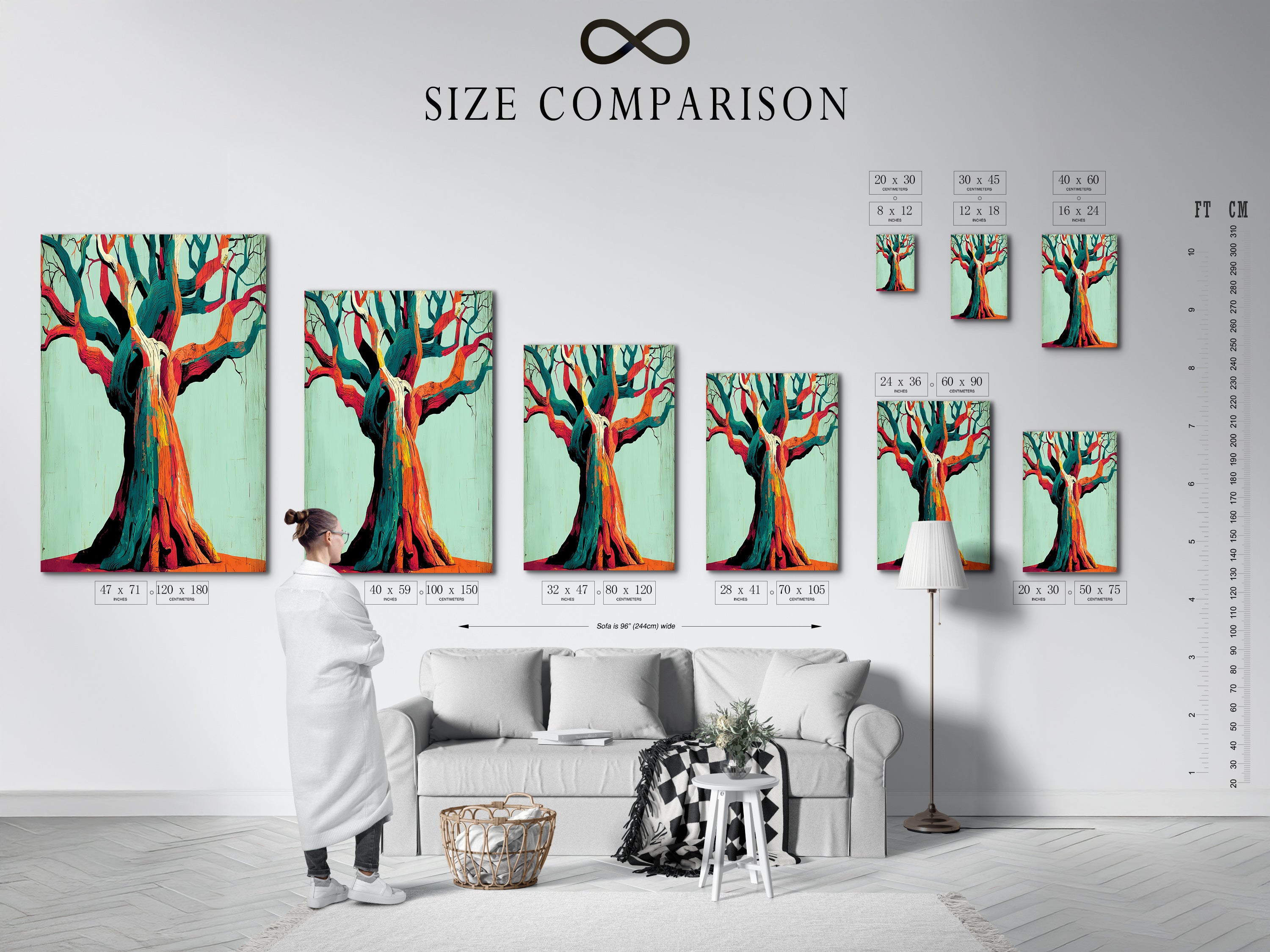 A size comparison chart displayed in an interior setting. Visualize how the abstract tree artwork fits in your space. Available in various sizes to suit your needs. Perfect for modern wall art.