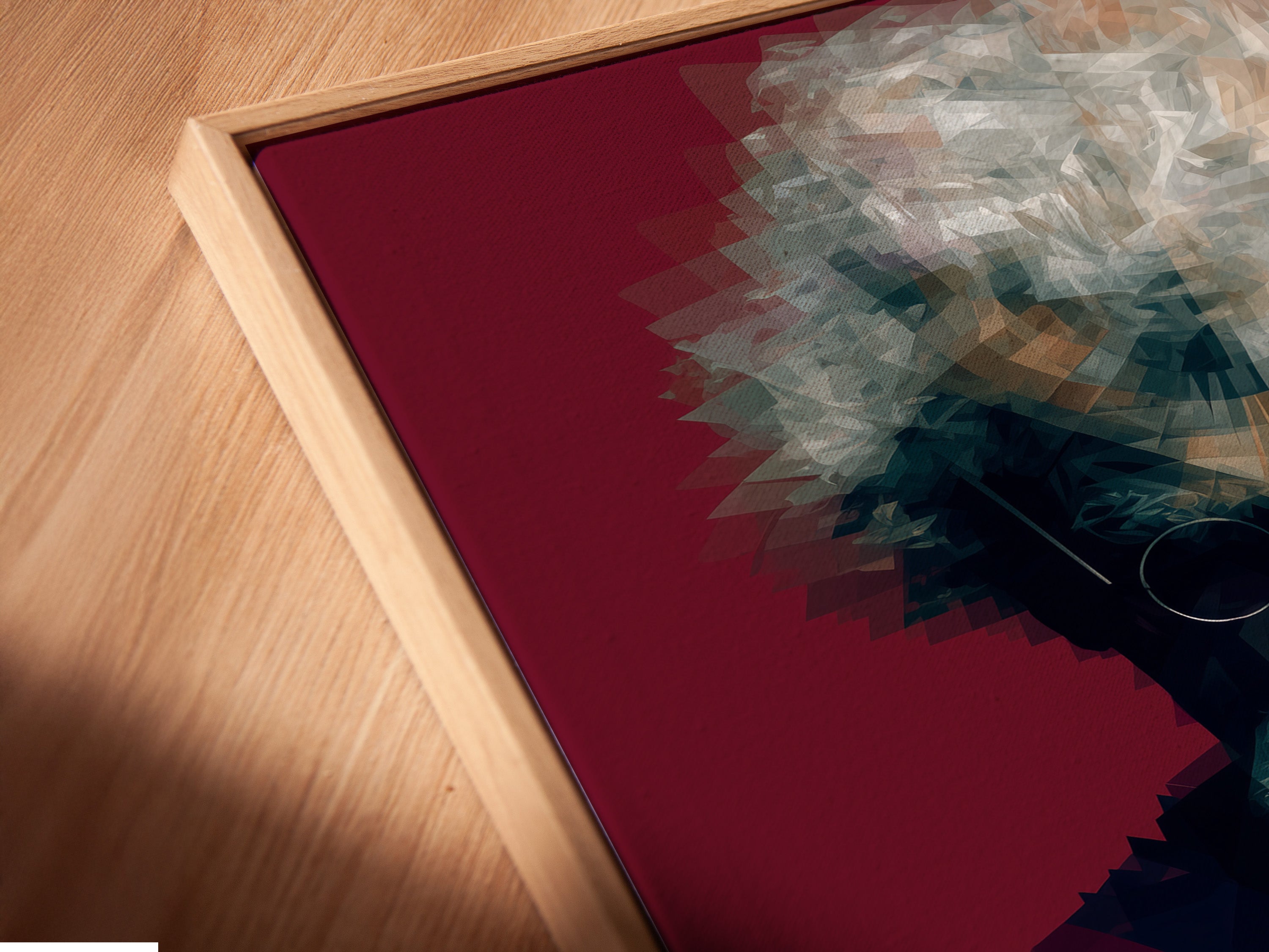 Angled close up of a Mark Twain canvas print in a floating frame. The geometric writer wall art is clearly visible. The floating frame gives a modern and stylish look. It enhances the literary figure in the artwork. It is perfect for any room.