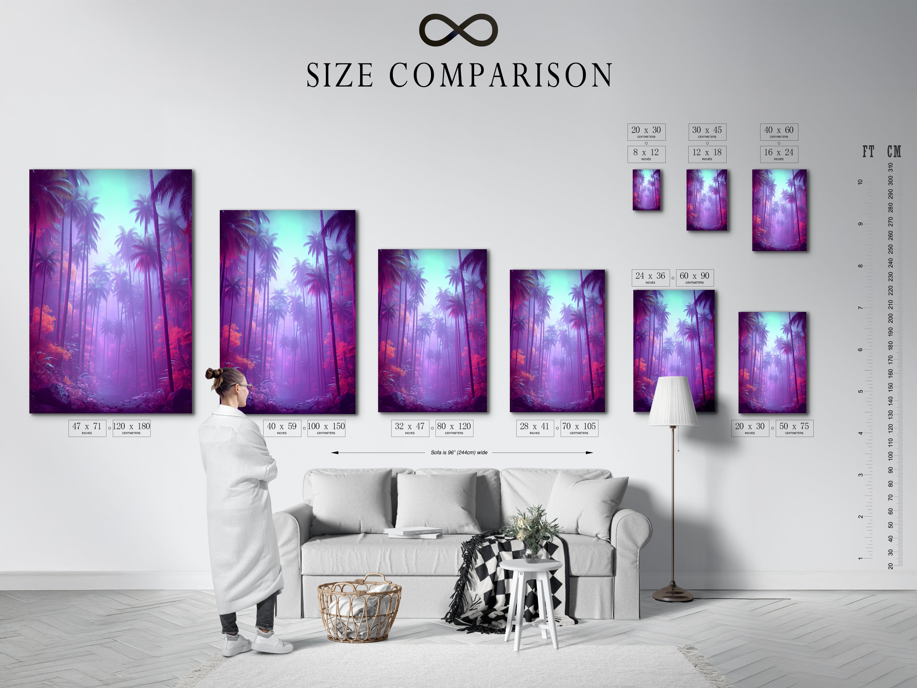 A size comparison chart in an interior setting. Helping you visualize the perfect size for your space. Choose the ideal dimensions to enhance your decor. Transform your living space today.