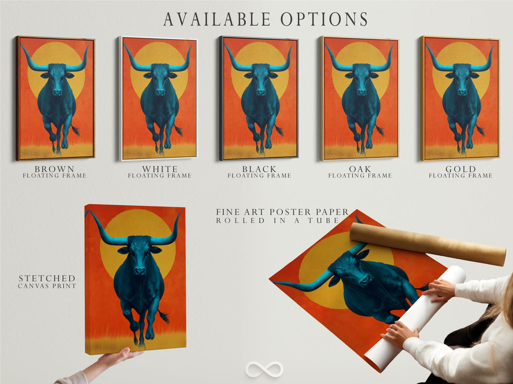 Discover the available options for this teal bull artwork. Choose from a stretched canvas print. Opt for fine art poster paper or a floating frame. Each option enhances this modern farmhouse wall art. Find the perfect style for your southwestern art and animal artwork needs.
