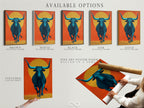 Discover the available options for this teal bull artwork. Choose from a stretched canvas print. Opt for fine art poster paper or a floating frame. Each option enhances this modern farmhouse wall art. Find the perfect style for your southwestern art and animal artwork needs.