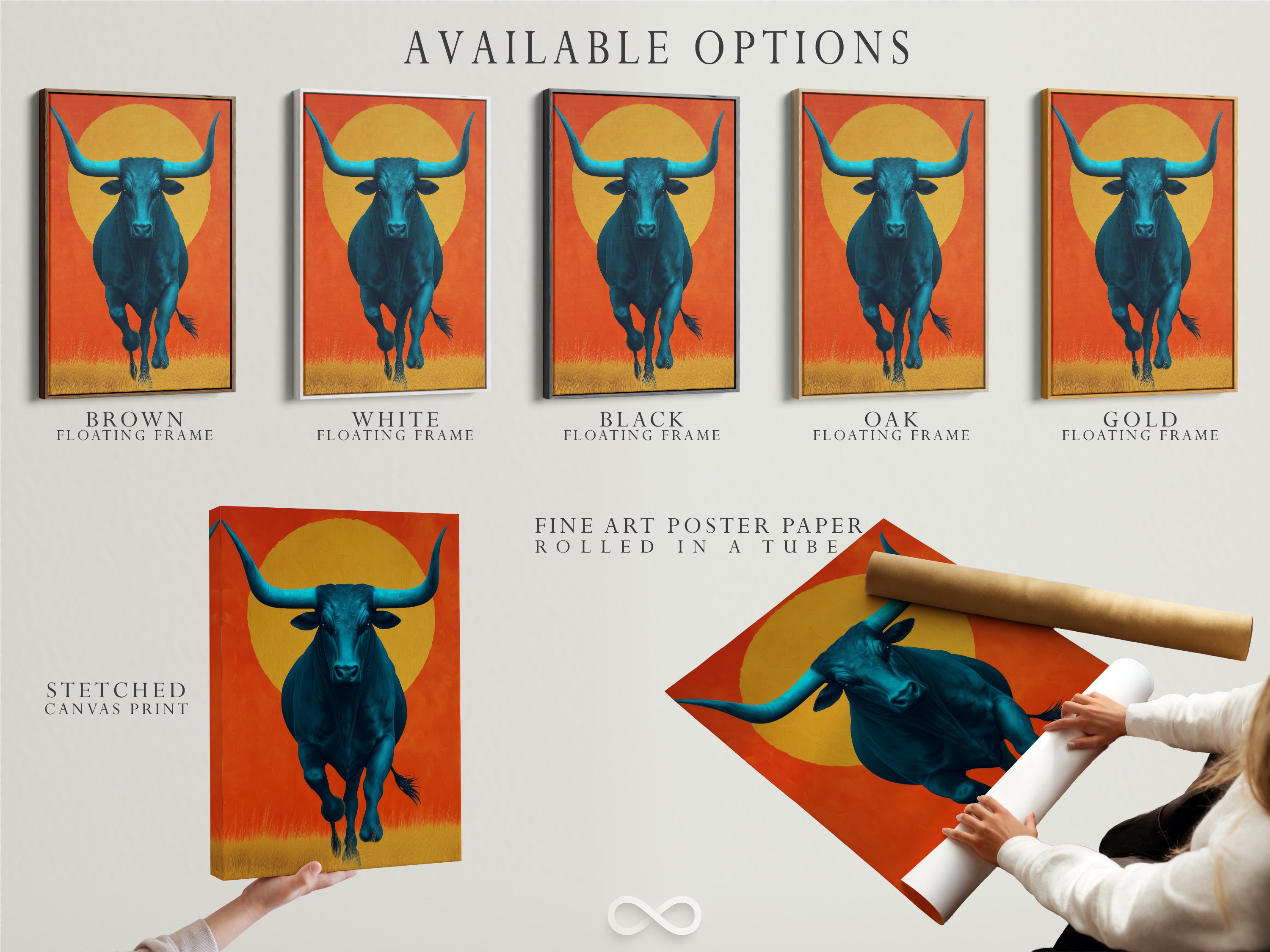 Discover the available options for this teal bull artwork. Choose from a stretched canvas print. Opt for fine art poster paper or a floating frame. Each option enhances this modern farmhouse wall art. Find the perfect style for your southwestern art and animal artwork needs.