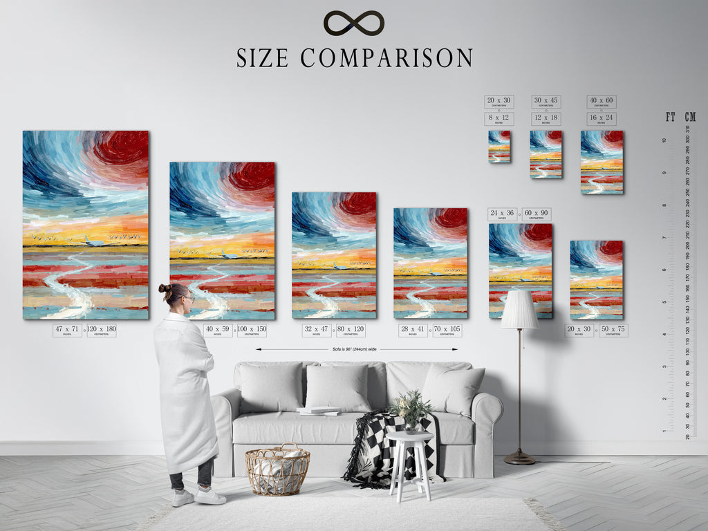 Compare sizes with this helpful chart in an interior setting. See how the airplane flight artwork fits different spaces. Choose the perfect size for your sky canvas art print. The modern art print enhances any room. Find the ideal aviation gift today.