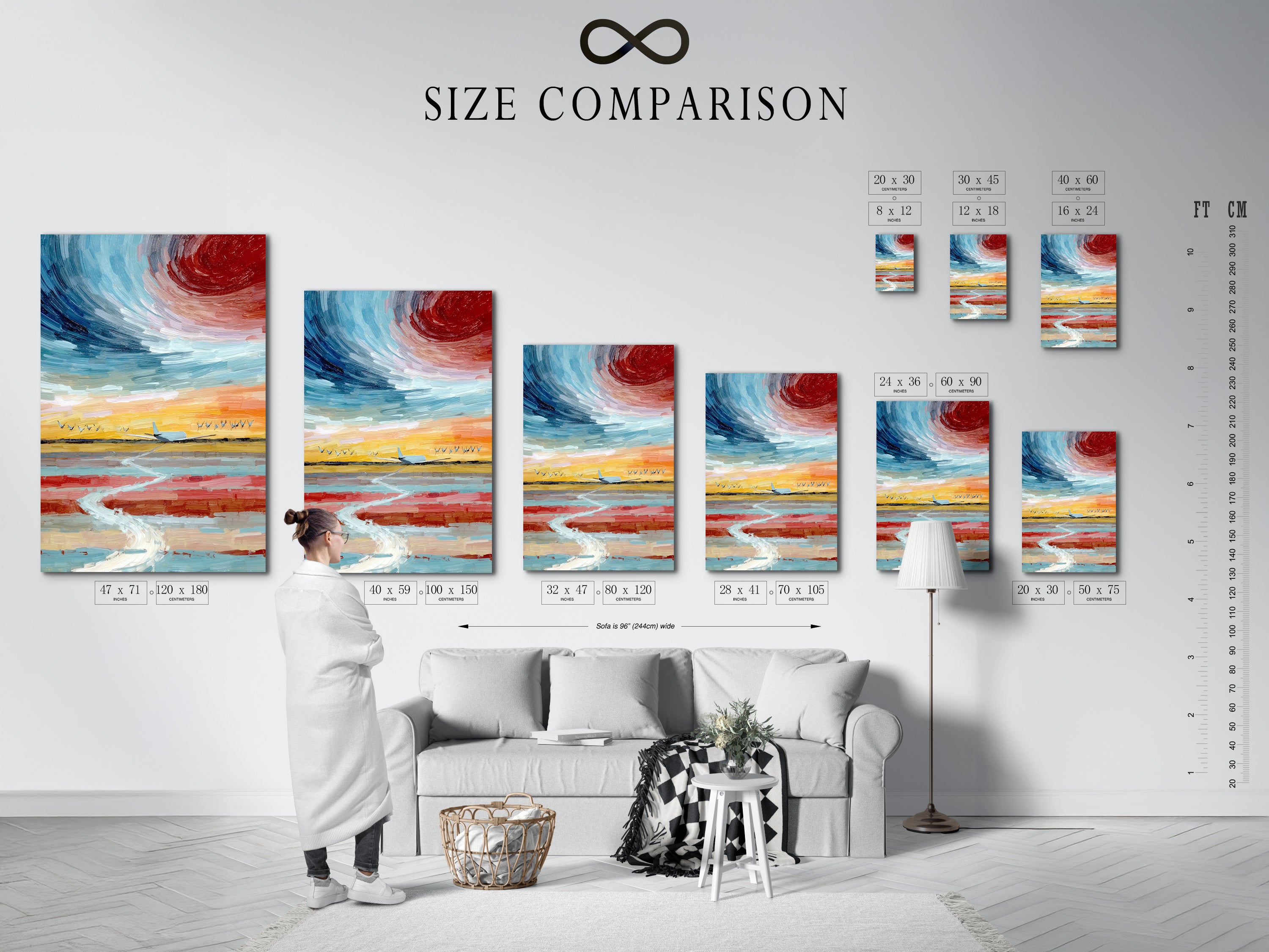 Compare sizes with this helpful chart in an interior setting. See how the airplane flight artwork fits different spaces. Choose the perfect size for your sky canvas art print. The modern art print enhances any room. Find the ideal aviation gift today.