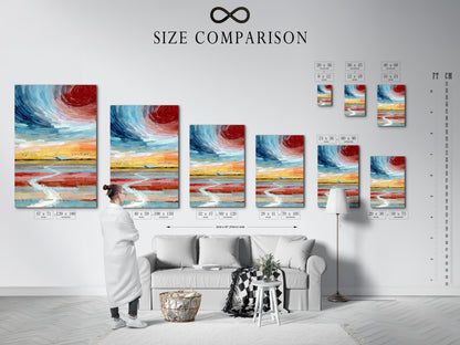 Compare sizes with this helpful chart in an interior setting. See how the airplane flight artwork fits different spaces. Choose the perfect size for your sky canvas art print. The modern art print enhances any room. Find the ideal aviation gift today.