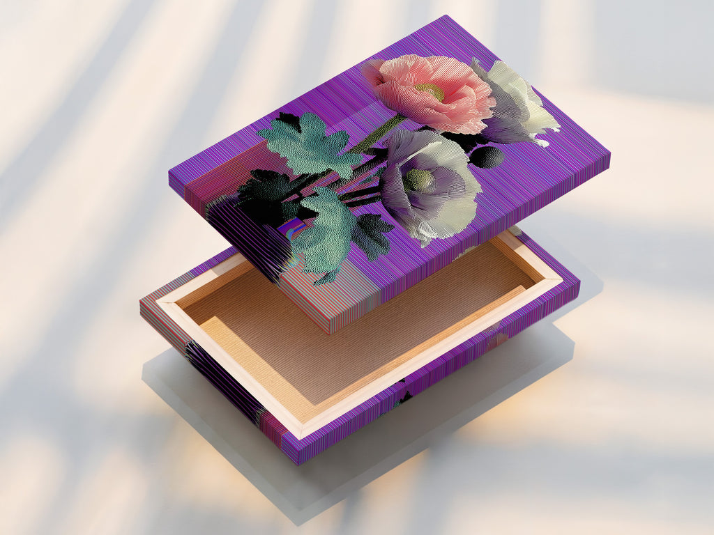 This is a stretched canvas print. It features vaporwave poppy art with a retro glitch aesthetic. The purple colors enhance any space. The stretched canvas provides a gallery-ready look. Add this artwork to elevate your home decor.
