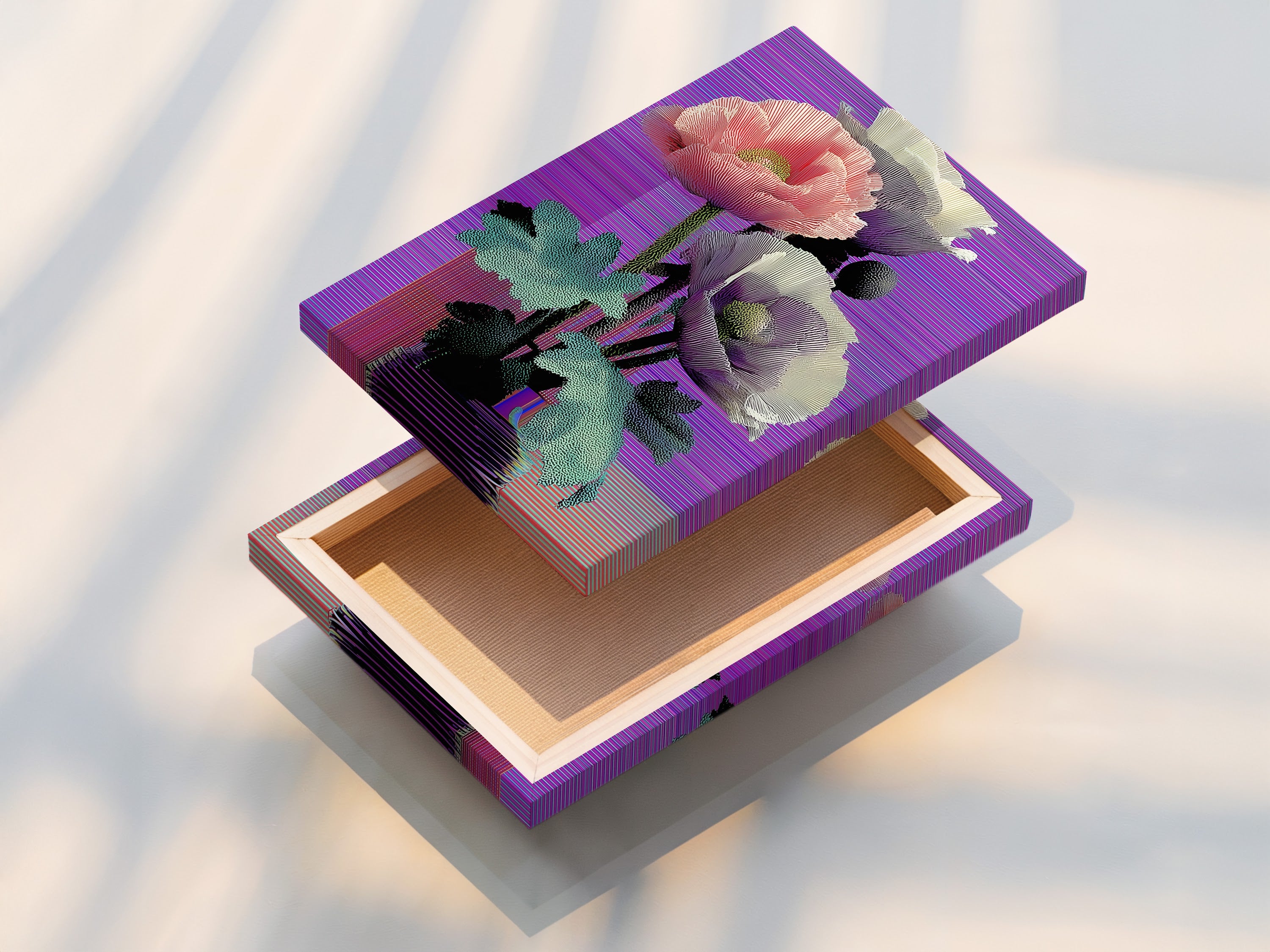 This is a stretched canvas print. It features vaporwave poppy art with a retro glitch aesthetic. The purple colors enhance any space. The stretched canvas provides a gallery-ready look. Add this artwork to elevate your home decor.