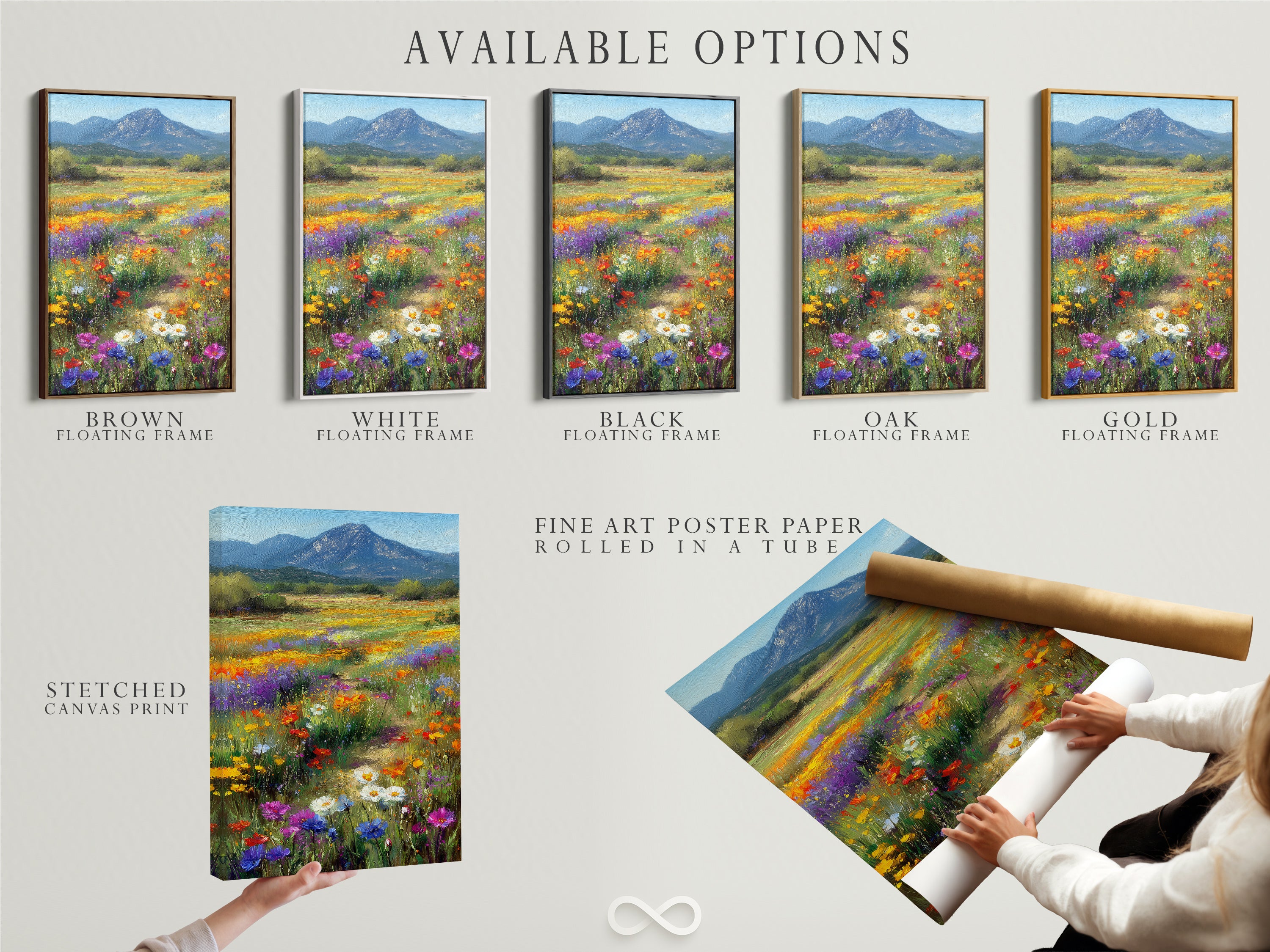 Explore available options for this wildflower meadow artwork. Choose from a stretched canvas print a fine art poster or a floating frame. The mountain landscape art suits any style. Customize your botanical print.