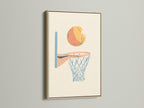 Artwork featuring a basketball above a net is displayed in an oak frame. The natural wood grain of the oak adds warmth to the piece. This is a stylish and classic framing choice.