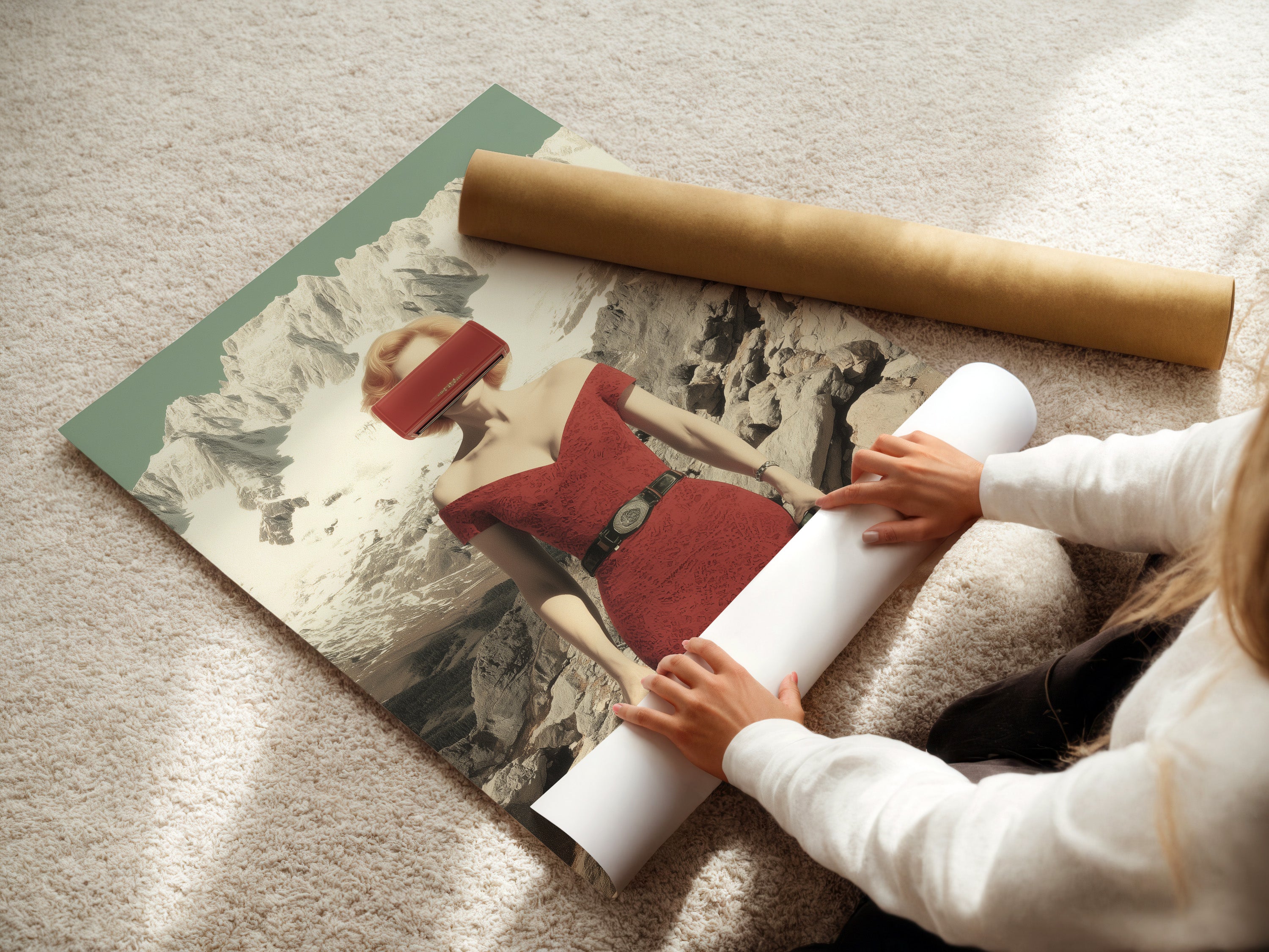 A woman carefully rolls a fine art poster paper print. This vintage travel artwork features a surreal mountain scene and a retro fashion woman. Ideal for adding art deco style to any room. Perfect for homeowners renters and interior stylists seeking unique wall art.