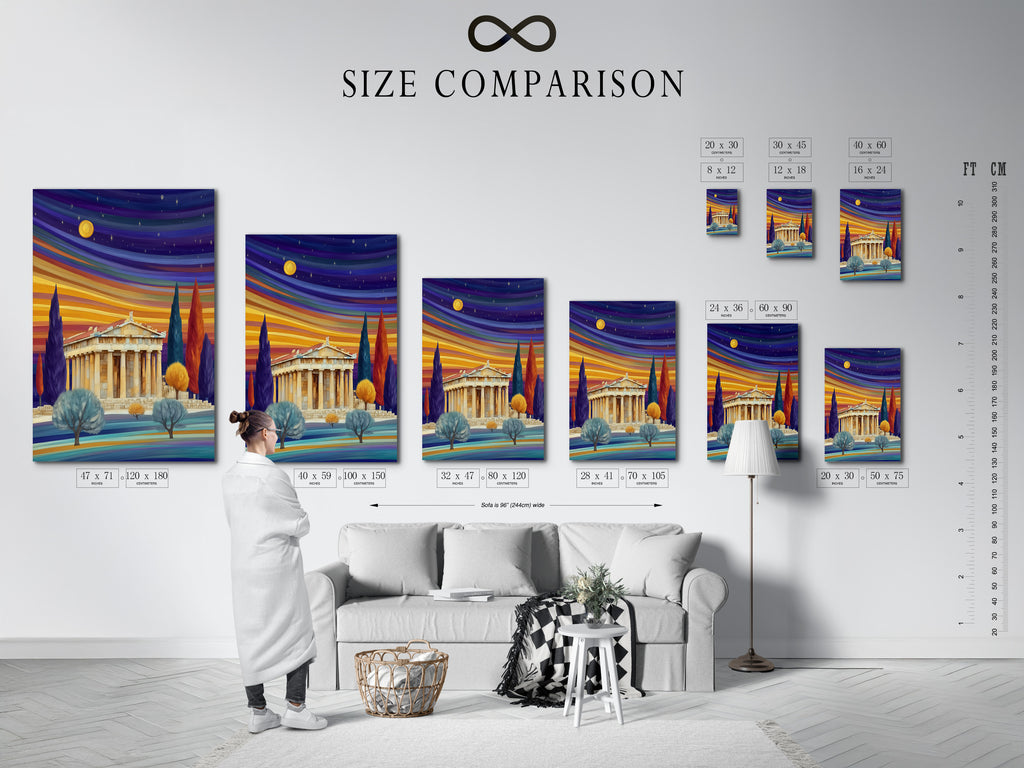A size comparison chart showcases a Parthenon artwork in an interior setting. See how this ancient Greece print fits into various room sizes. The colorful sunset landscape makes it a versatile addition to any decor style.