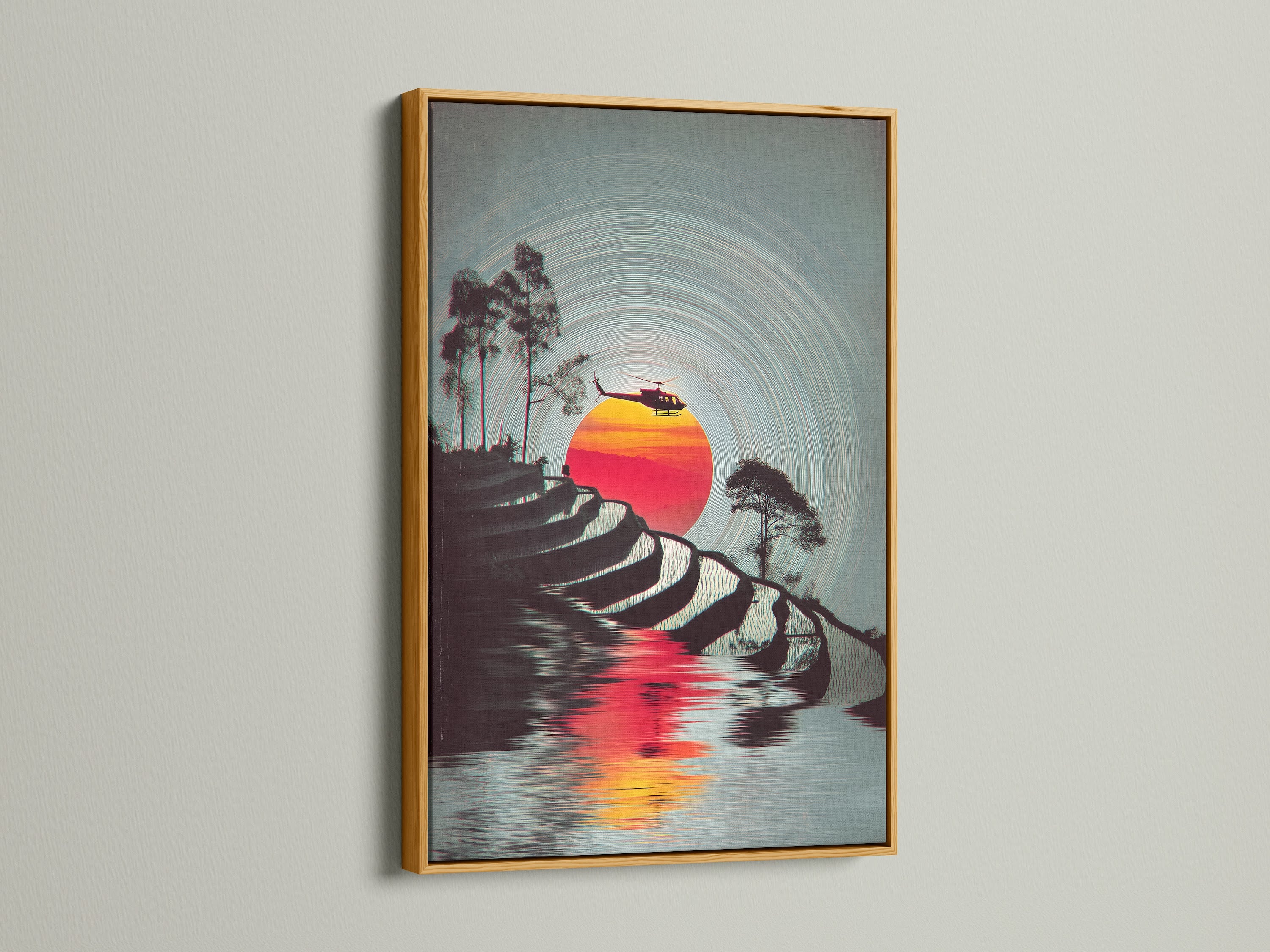 Add a touch of luxury with a gold frame. The terraced rice fields artwork shines. This vintage travel art becomes even more elegant. Homeowners will love this aviation art in their living rooms. Create a travel art gallery.