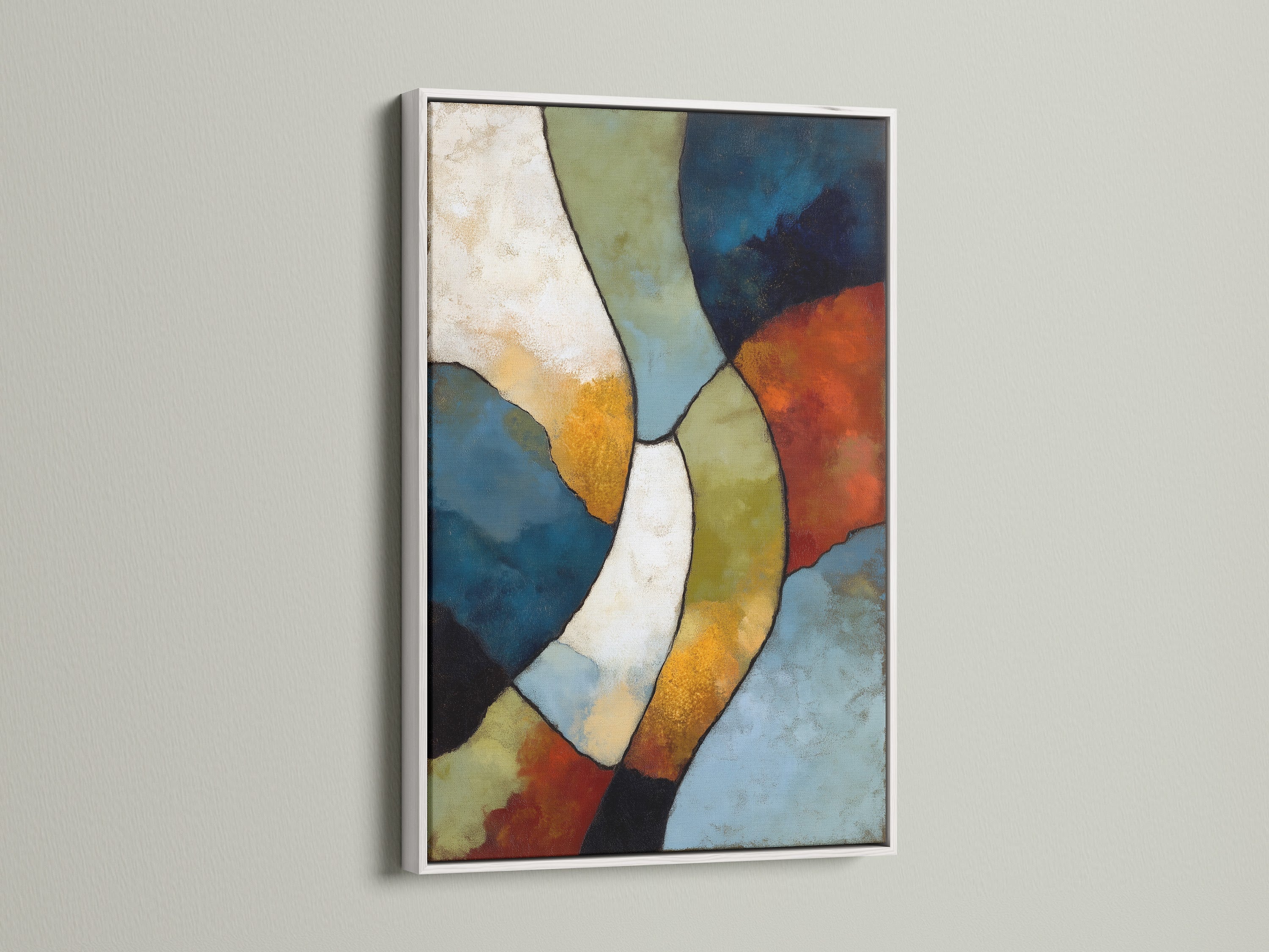 A captivating white framed abstract geometric artwork on display. This contemporary art piece brings vibrant colors to your living space. The artwork enhances minimalist coastal and rustic styles. Perfect for living room wall art and bedroom wall decor.