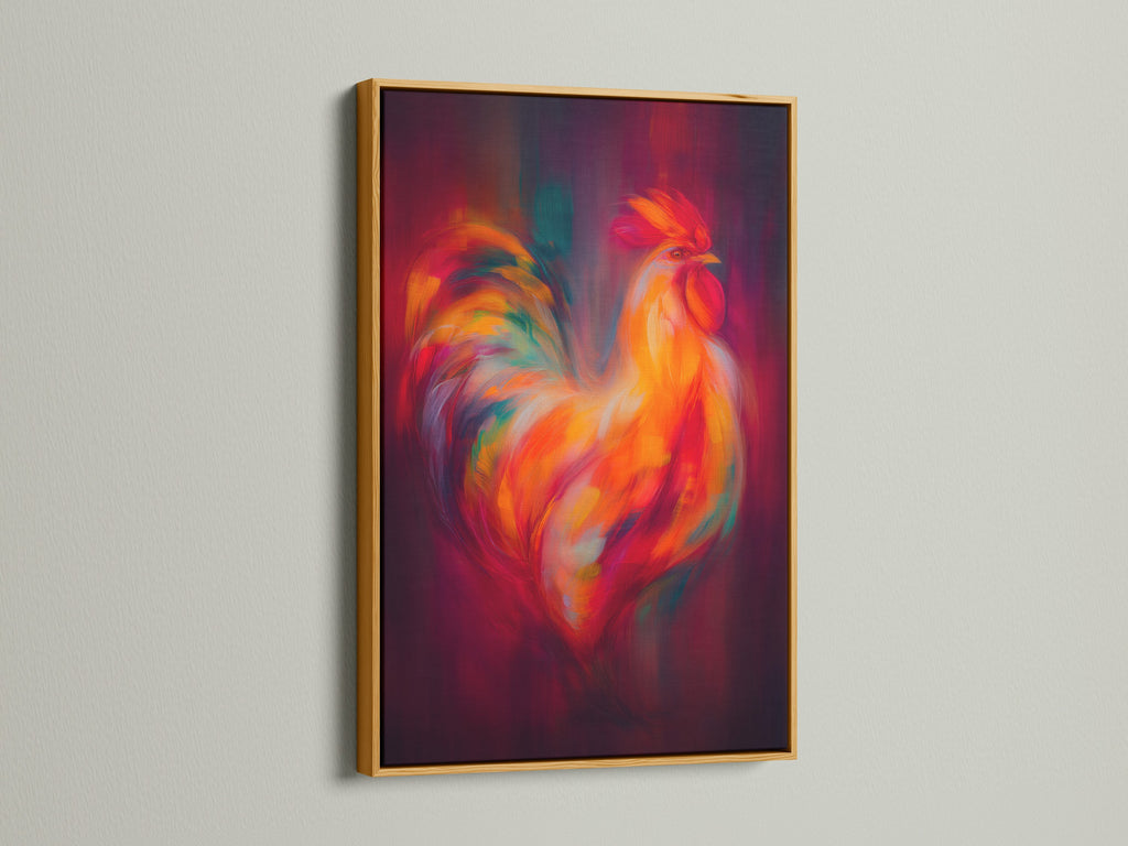 Rooster artwork presented in a gold frame. This vibrant canvas art adds a touch of elegance to your living space. The frame enhances the artwork's rich colors and details.