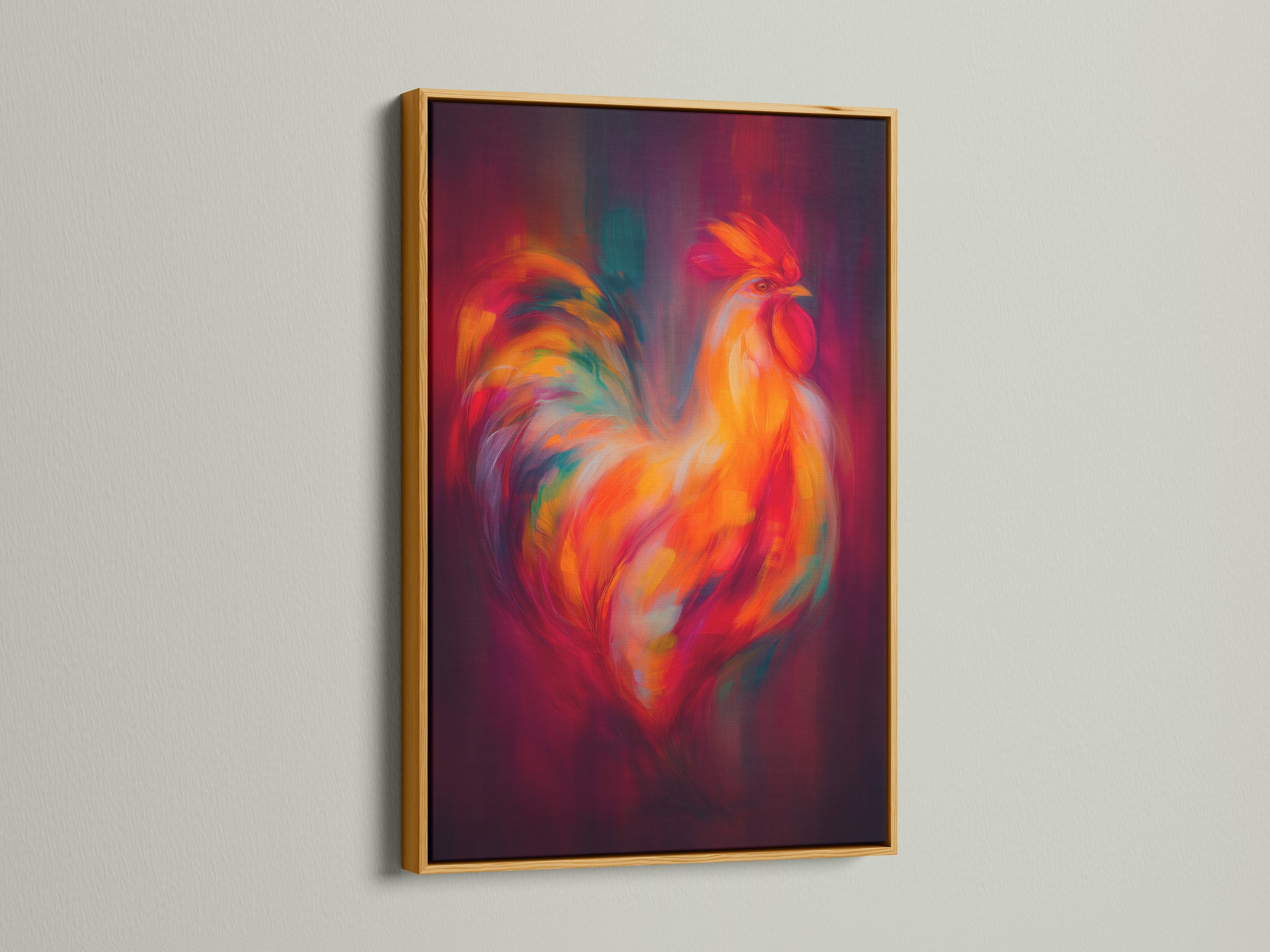 Rooster artwork presented in a gold frame. This vibrant canvas art adds a touch of elegance to your living space. The frame enhances the artwork's rich colors and details.