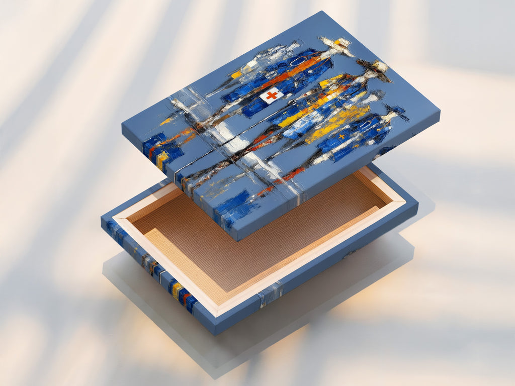 Stretched canvas print of medical heroes artwork. The healthcare art features abstract doctors. This ready to hang piece enhances hospital wall art. Perfect for medical practices.