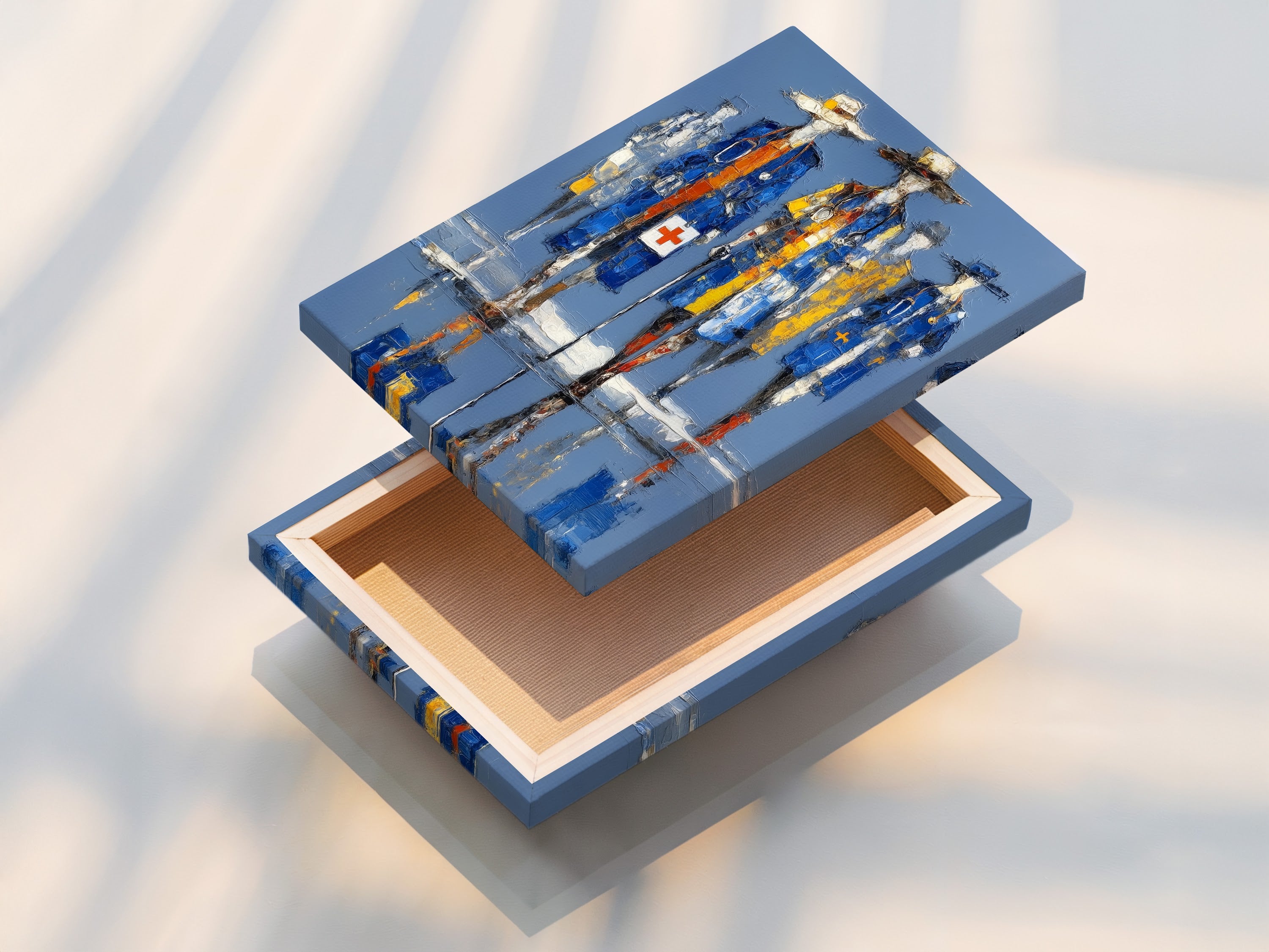 Stretched canvas print of medical heroes artwork. The healthcare art features abstract doctors. This ready to hang piece enhances hospital wall art. Perfect for medical practices.