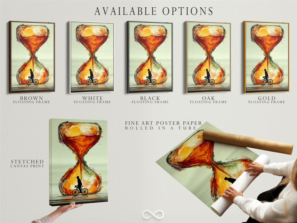 Explore available options for the 'Hourglass' artwork. Choose from a stretched canvas print a fine art poster paper or a floating frame. This modern cyclist art piece is customizable. It is a unique way to enhance your wall decor. The abstract sienna tones create a warm ambiance.