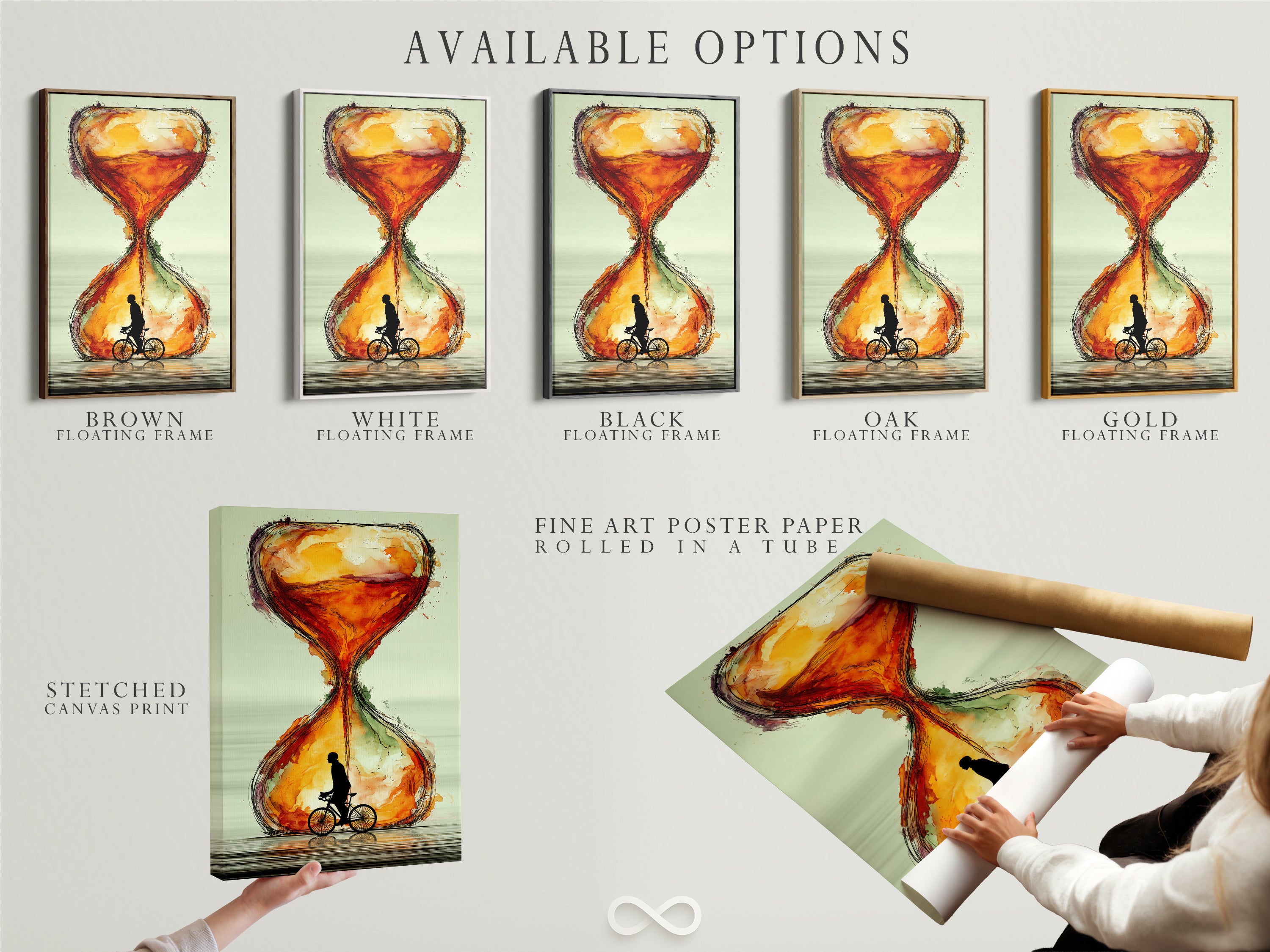 Explore available options for the 'Hourglass' artwork. Choose from a stretched canvas print a fine art poster paper or a floating frame. This modern cyclist art piece is customizable. It is a unique way to enhance your wall decor. The abstract sienna tones create a warm ambiance.