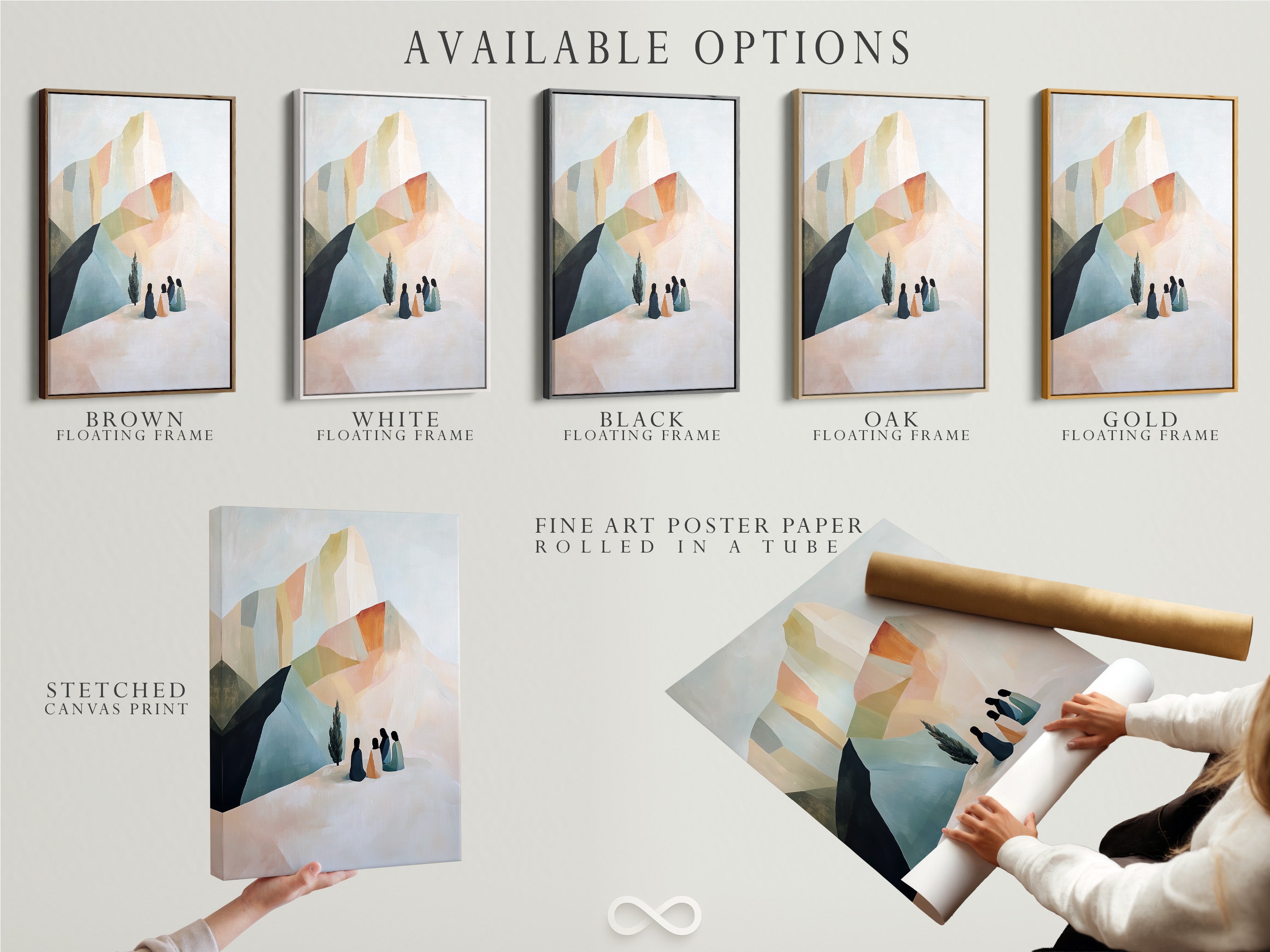 Available options for abstract mountain art. Choose from a stretched canvas print fine art poster paper or a floating frame. Contemporary wall decor to complement minimalist and modern aesthetics.